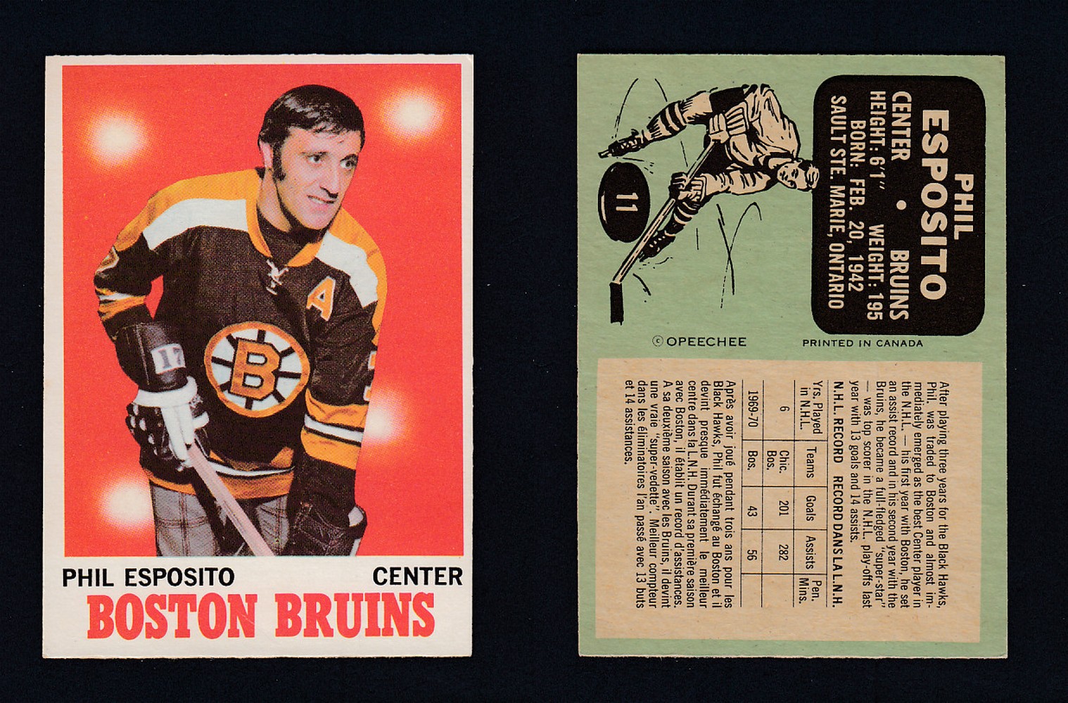 1970-71 O-PEE-CHEE HOCKEY CARD #11 P. ESPOSITO photo 1970-71 O-PEE-CHEE HOCKEY CARD #11 P. ESPOSITO photo