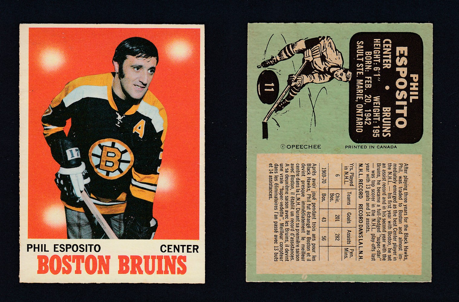 1970-71 O-PEE-CHEE HOCKEY CARD #11 P. ESPOSITO photo 1970-71 O-PEE-CHEE HOCKEY CARD #11 P. ESPOSITO photo