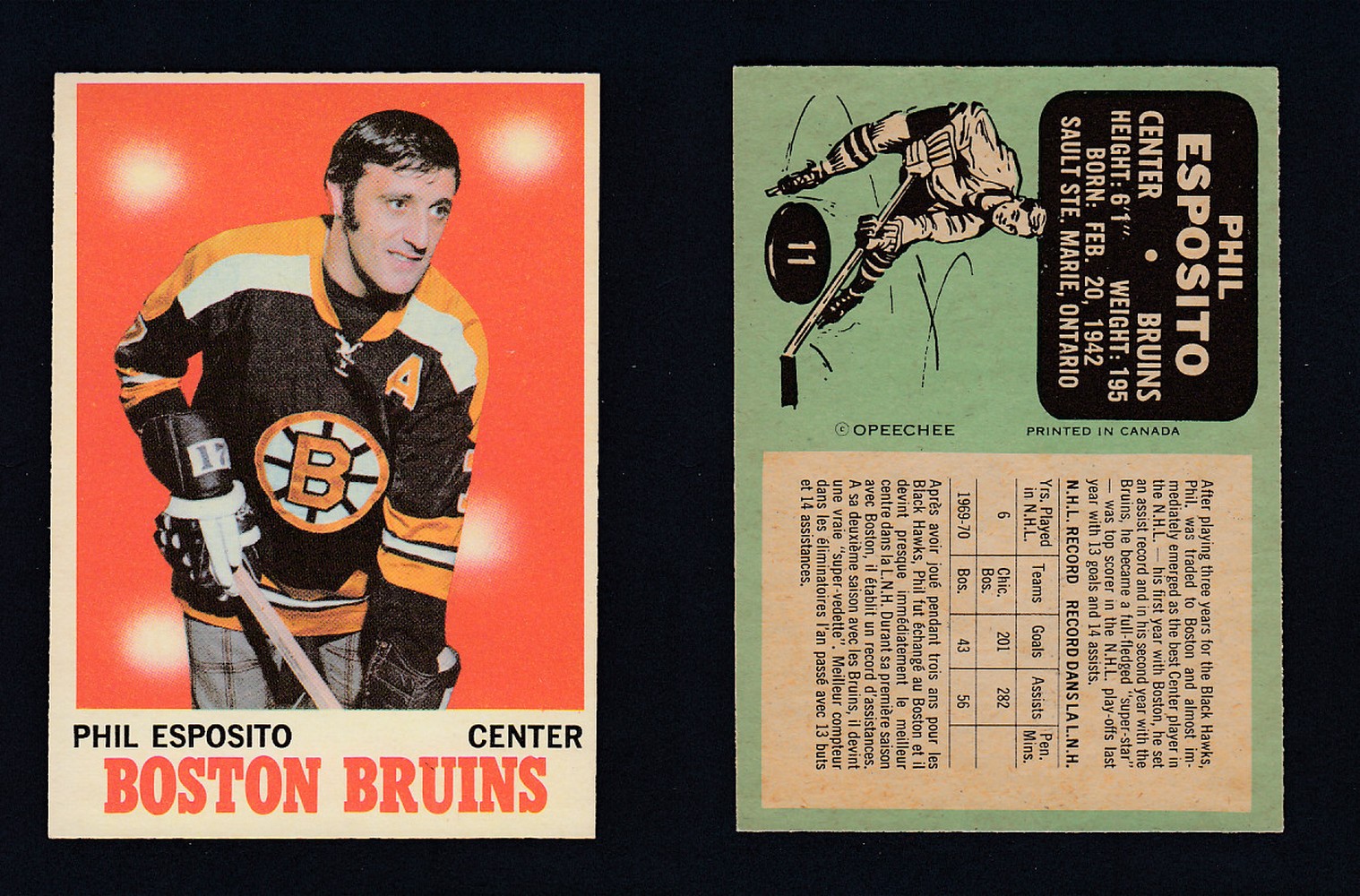 1970-71 O-PEE-CHEE HOCKEY CARD #11 P. ESPOSITO photo 1970-71 O-PEE-CHEE HOCKEY CARD #11 P. ESPOSITO photo