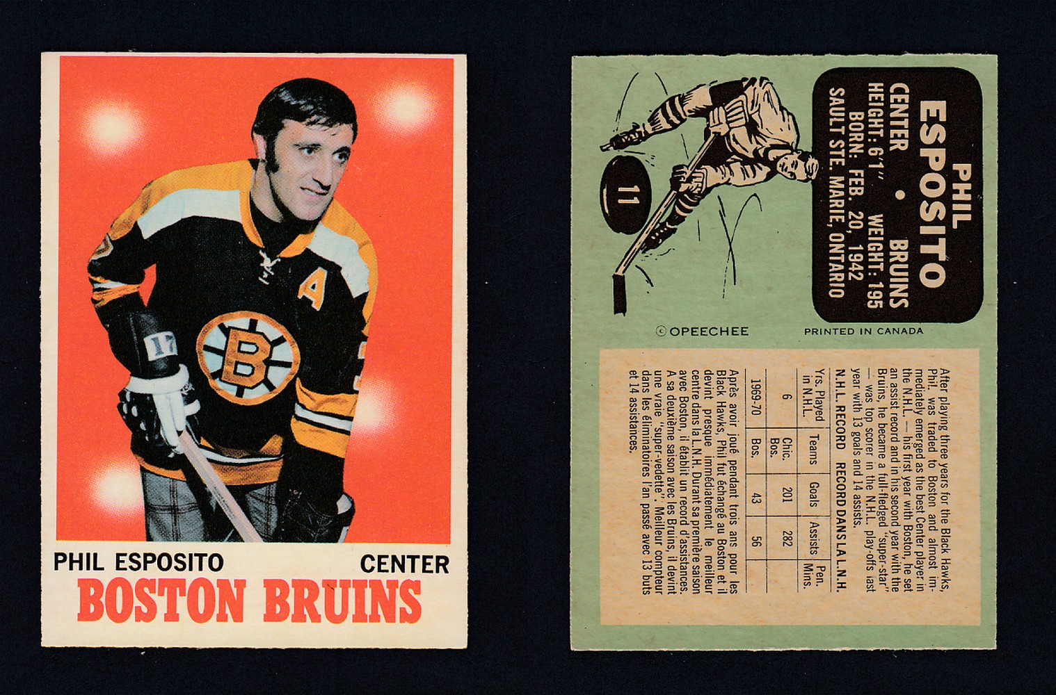 1970-71 O-PEE-CHEE HOCKEY CARD #11 P. ESPOSITO photo 1970-71 O-PEE-CHEE HOCKEY CARD #11 P. ESPOSITO photo