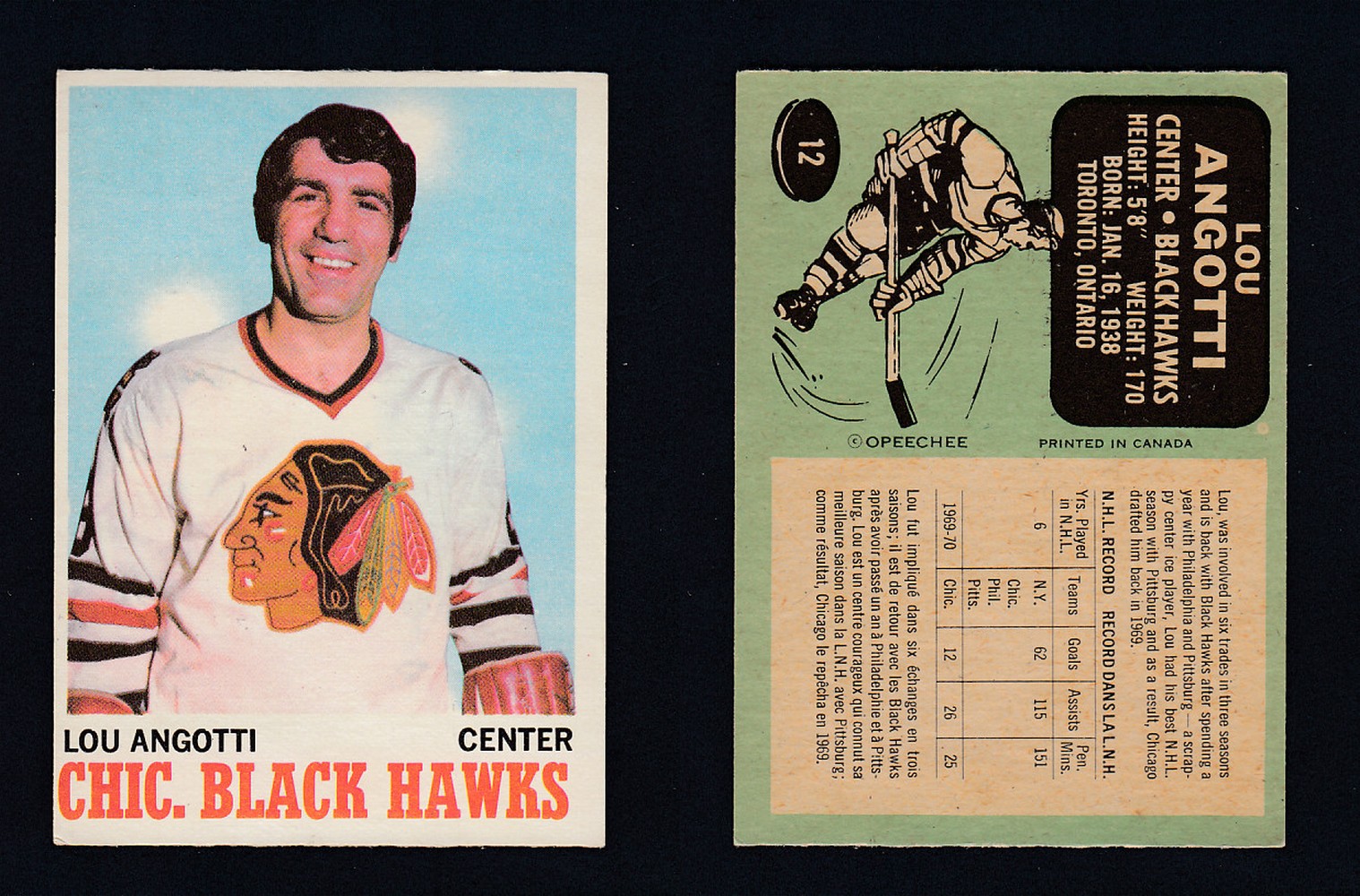 1970-71 O-PEE-CHEE HOCKEY CARD #12 L. ANGOTTI photo 1970-71 O-PEE-CHEE HOCKEY CARD #12 L. ANGOTTI photo