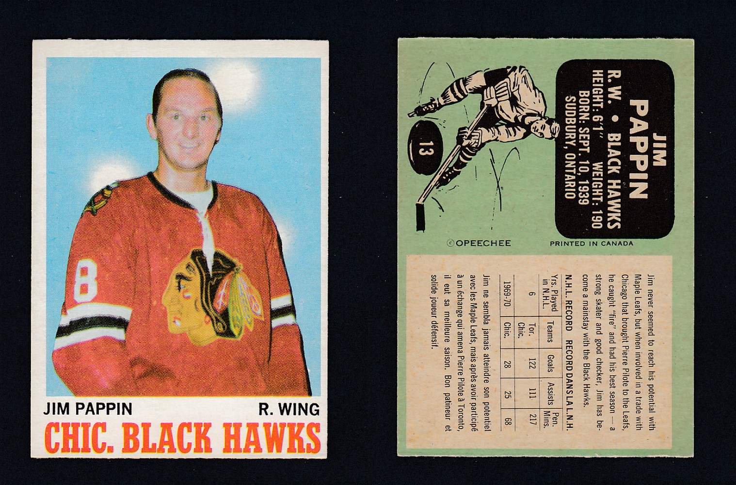 1970-71 O-PEE-CHEE HOCKEY CARD #13 J. PAPIN photo 1970-71 O-PEE-CHEE HOCKEY CARD #13 J. PAPIN photo