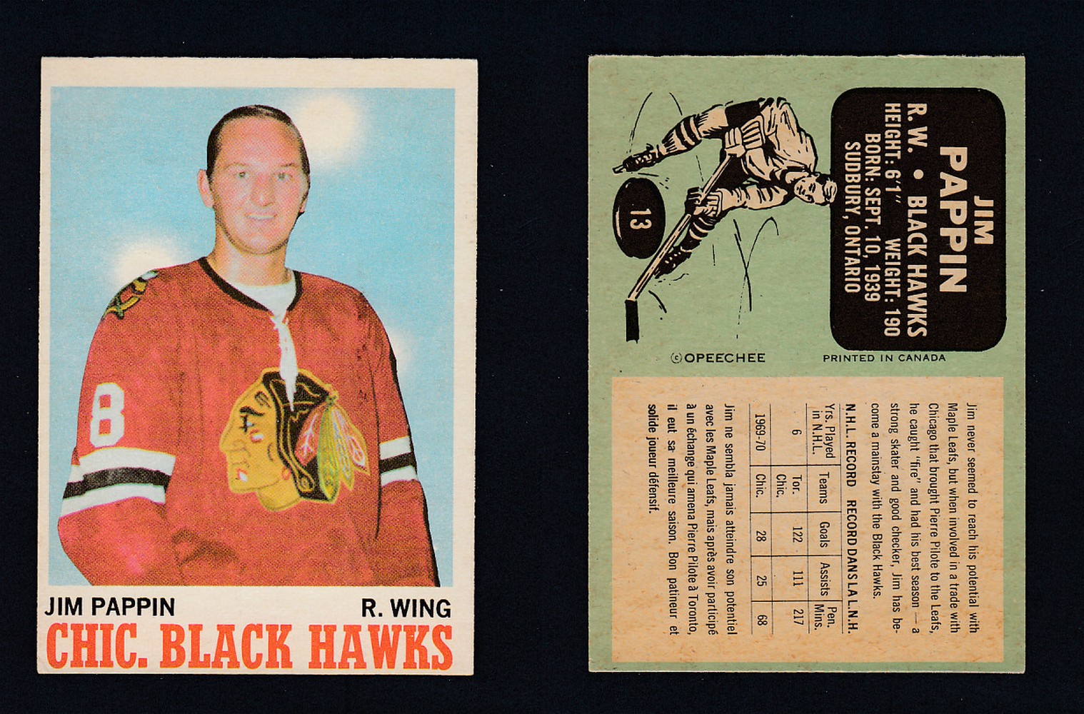 1970-71 O-PEE-CHEE HOCKEY CARD #13 J. PAPIN photo 1970-71 O-PEE-CHEE HOCKEY CARD #13 J. PAPIN photo