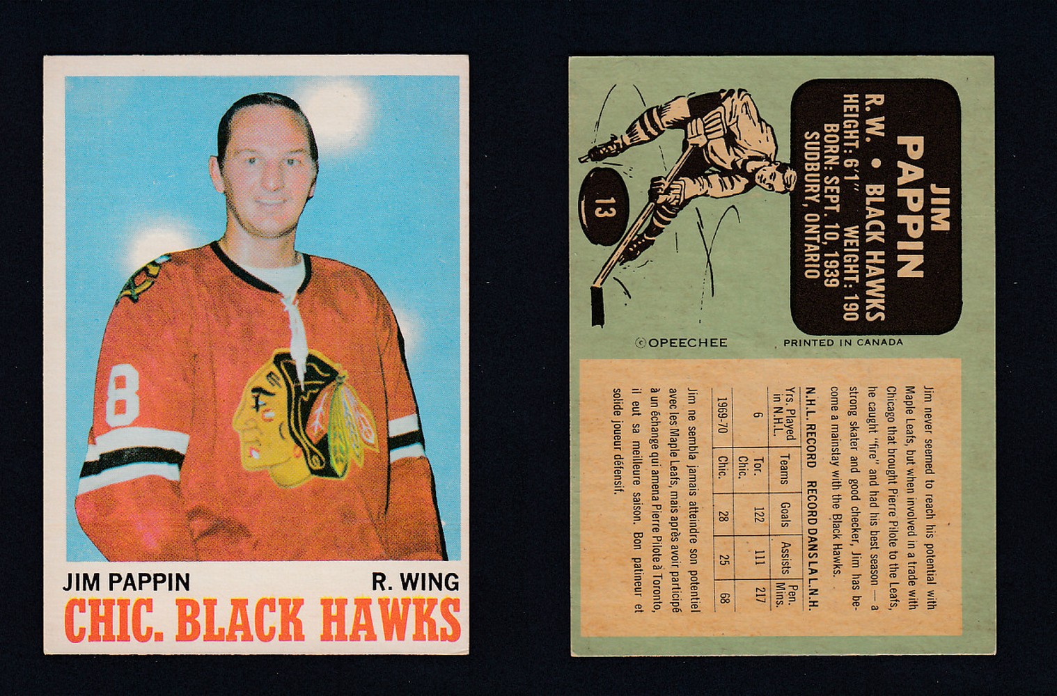 1970-71 O-PEE-CHEE HOCKEY CARD #13 J. PAPIN photo 1970-71 O-PEE-CHEE HOCKEY CARD #13 J. PAPIN photo