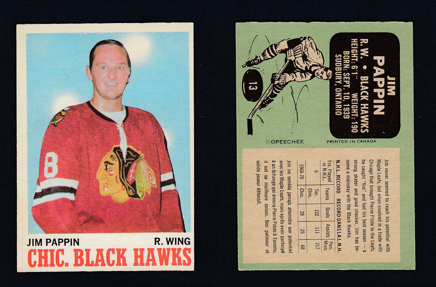 1970-71 O-PEE-CHEE HOCKEY CARD #13 J. PAPIN photo 1970-71 O-PEE-CHEE HOCKEY CARD #13 J. PAPIN photo