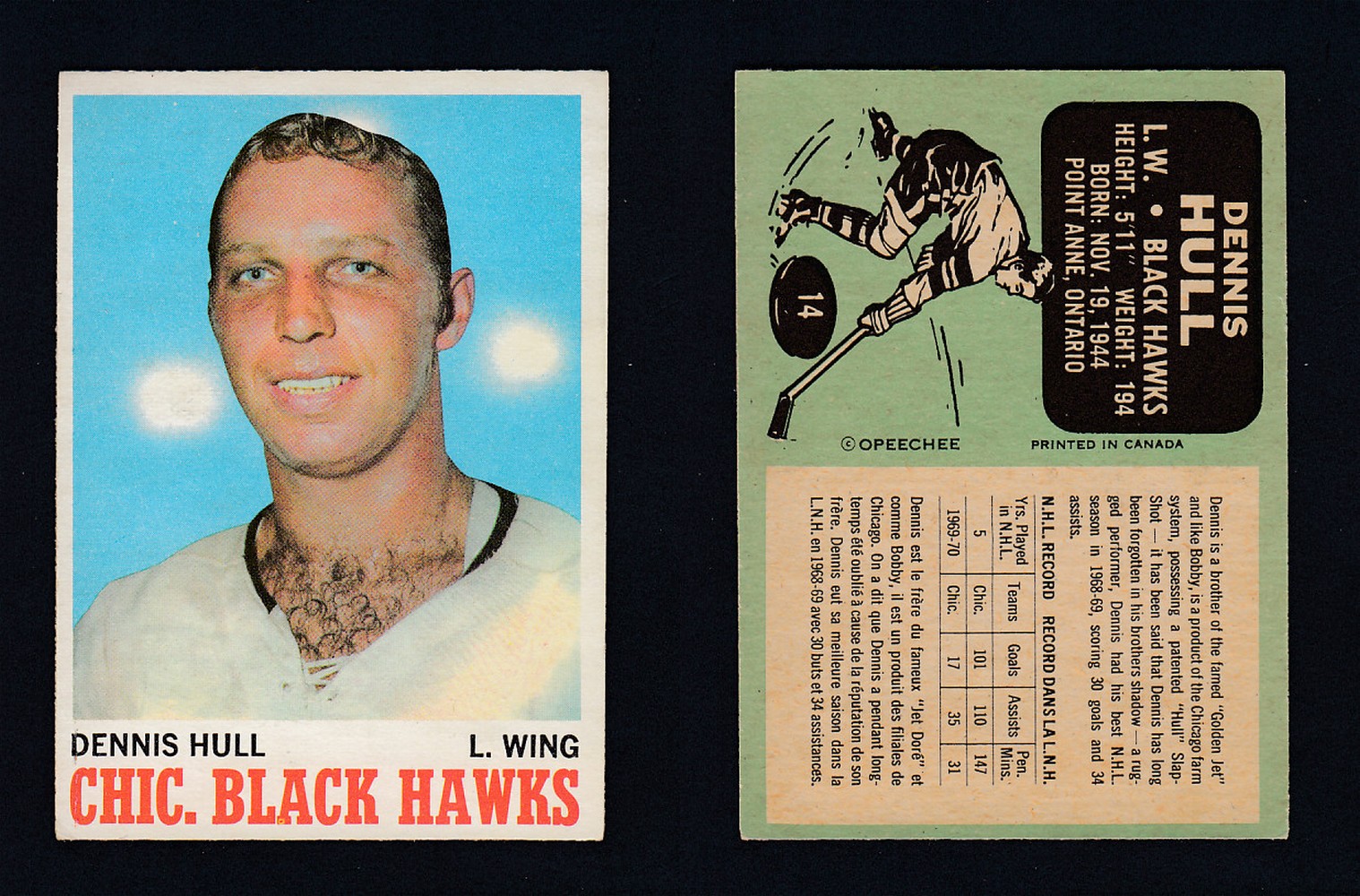 1970-71 O-PEE-CHEE HOCKEY CARD #14 D. HULL photo 1970-71 O-PEE-CHEE HOCKEY CARD #14 D. HULL photo