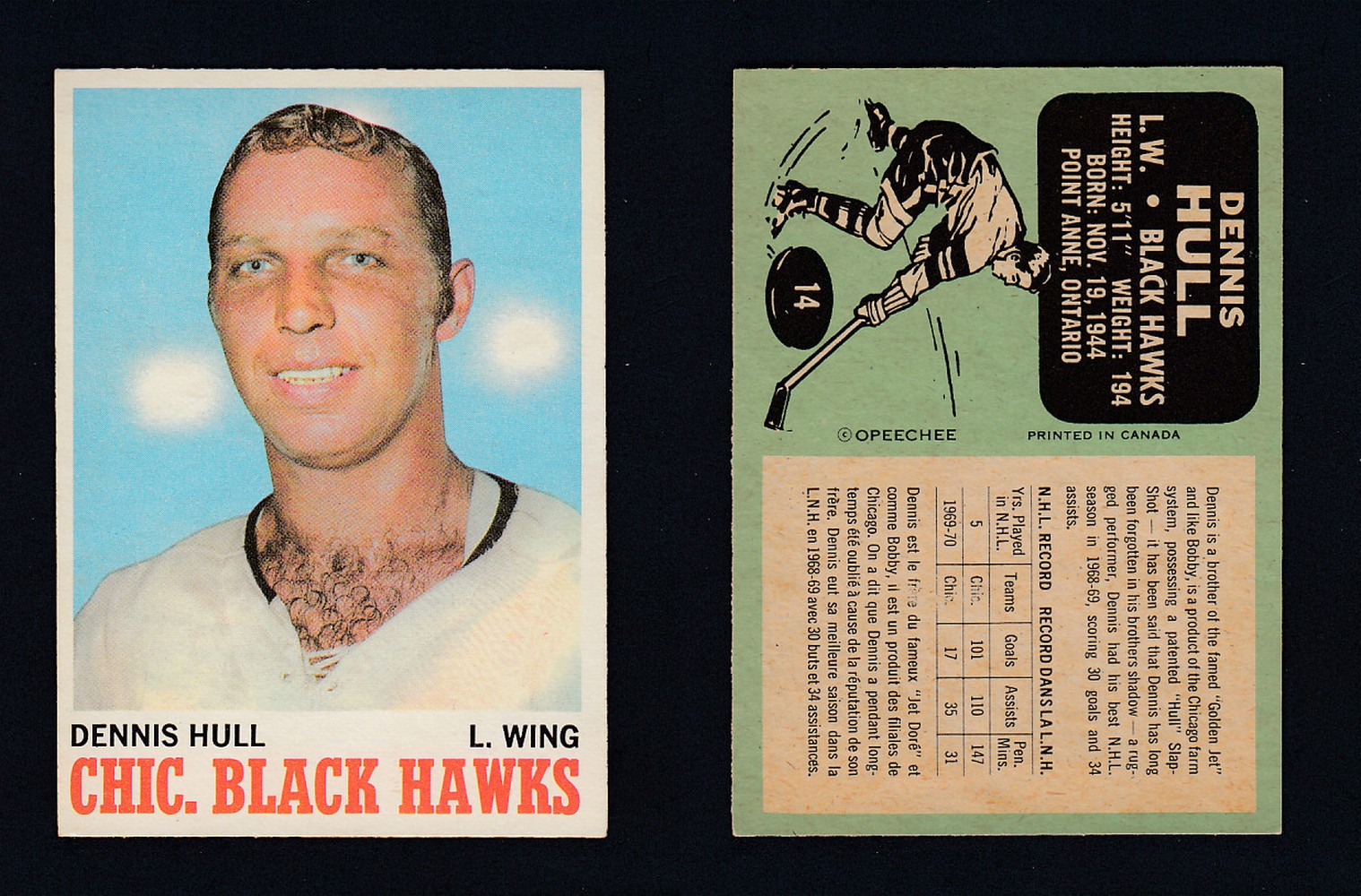 1970-71 O-PEE-CHEE HOCKEY CARD #14 D. HULL photo 1970-71 O-PEE-CHEE HOCKEY CARD #14 D. HULL photo