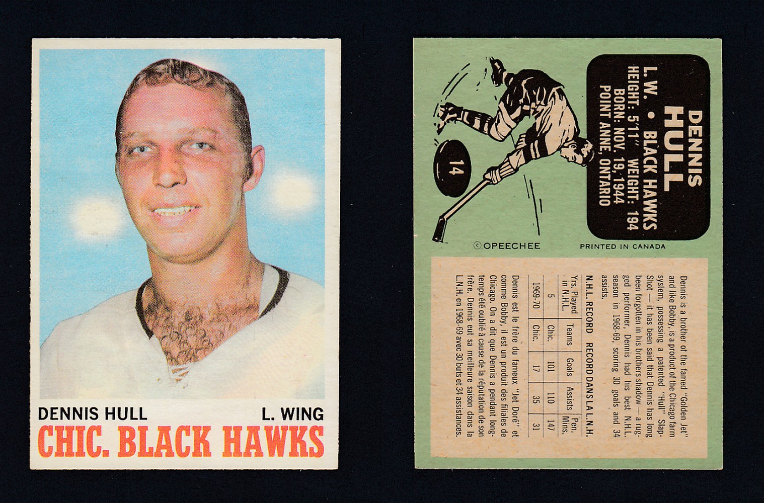 1970-71 O-PEE-CHEE HOCKEY CARD #14 D. HULL photo 1970-71 O-PEE-CHEE HOCKEY CARD #14 D. HULL photo