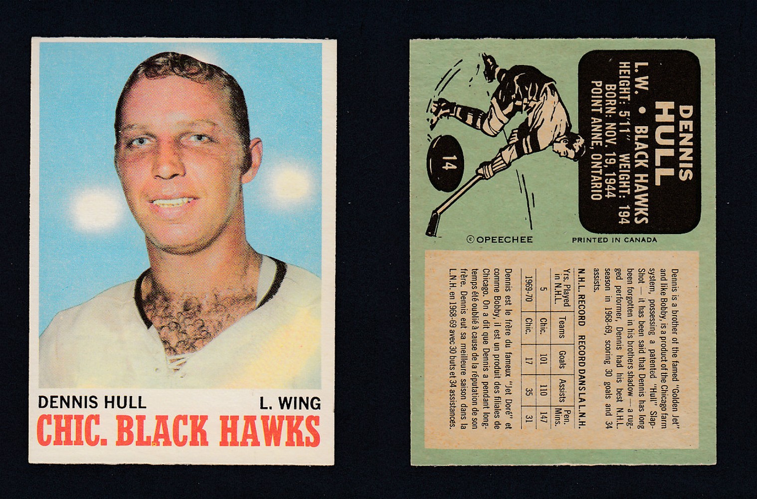 1970-71 O-PEE-CHEE HOCKEY CARD #14 D. HULL photo 1970-71 O-PEE-CHEE HOCKEY CARD #14 D. HULL photo