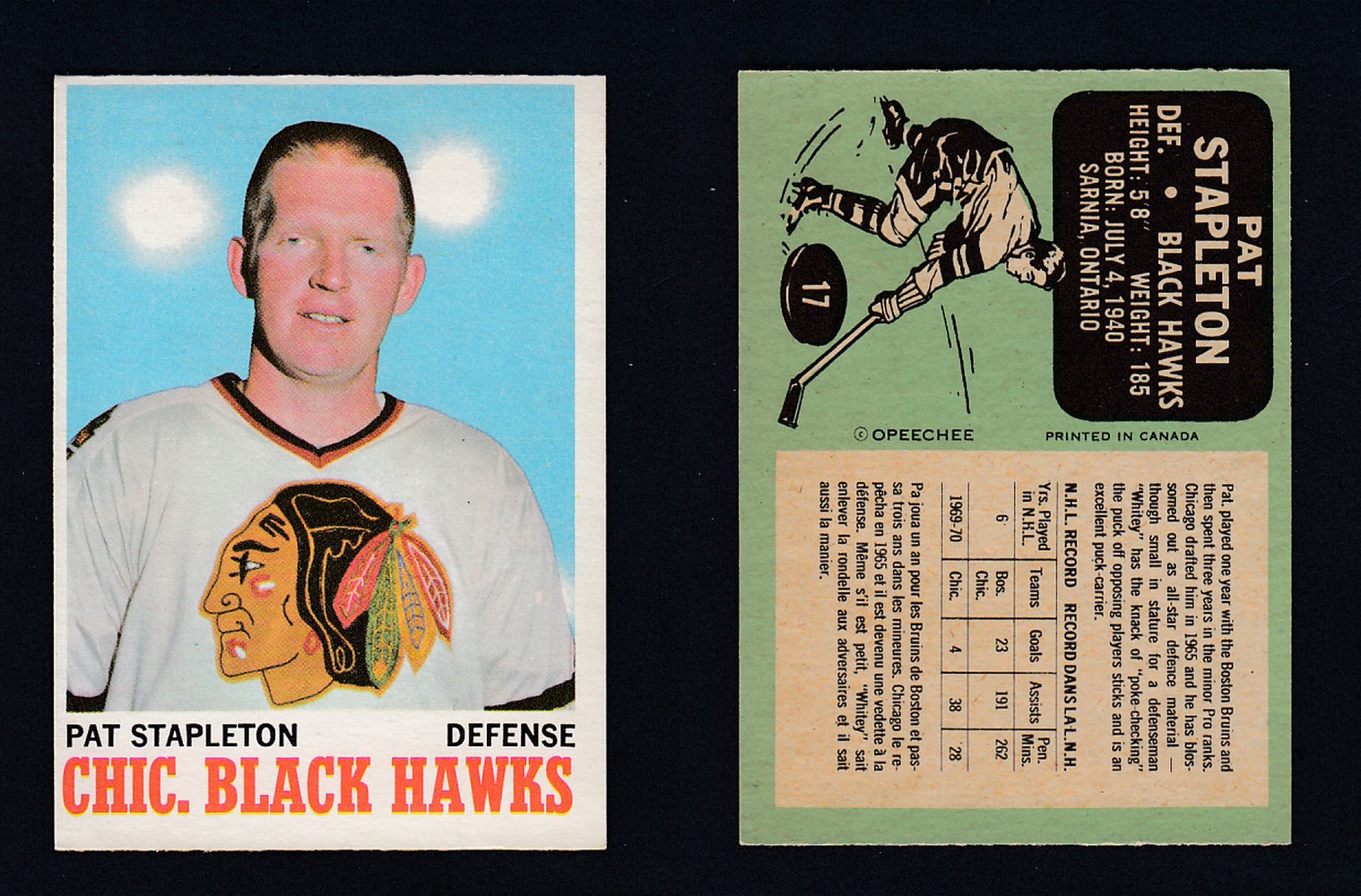 1970-71 O-PEE-CHEE HOCKEY CARD #17 P. STAPLETON photo 1970-71 O-PEE-CHEE HOCKEY CARD #17 P. STAPLETON photo