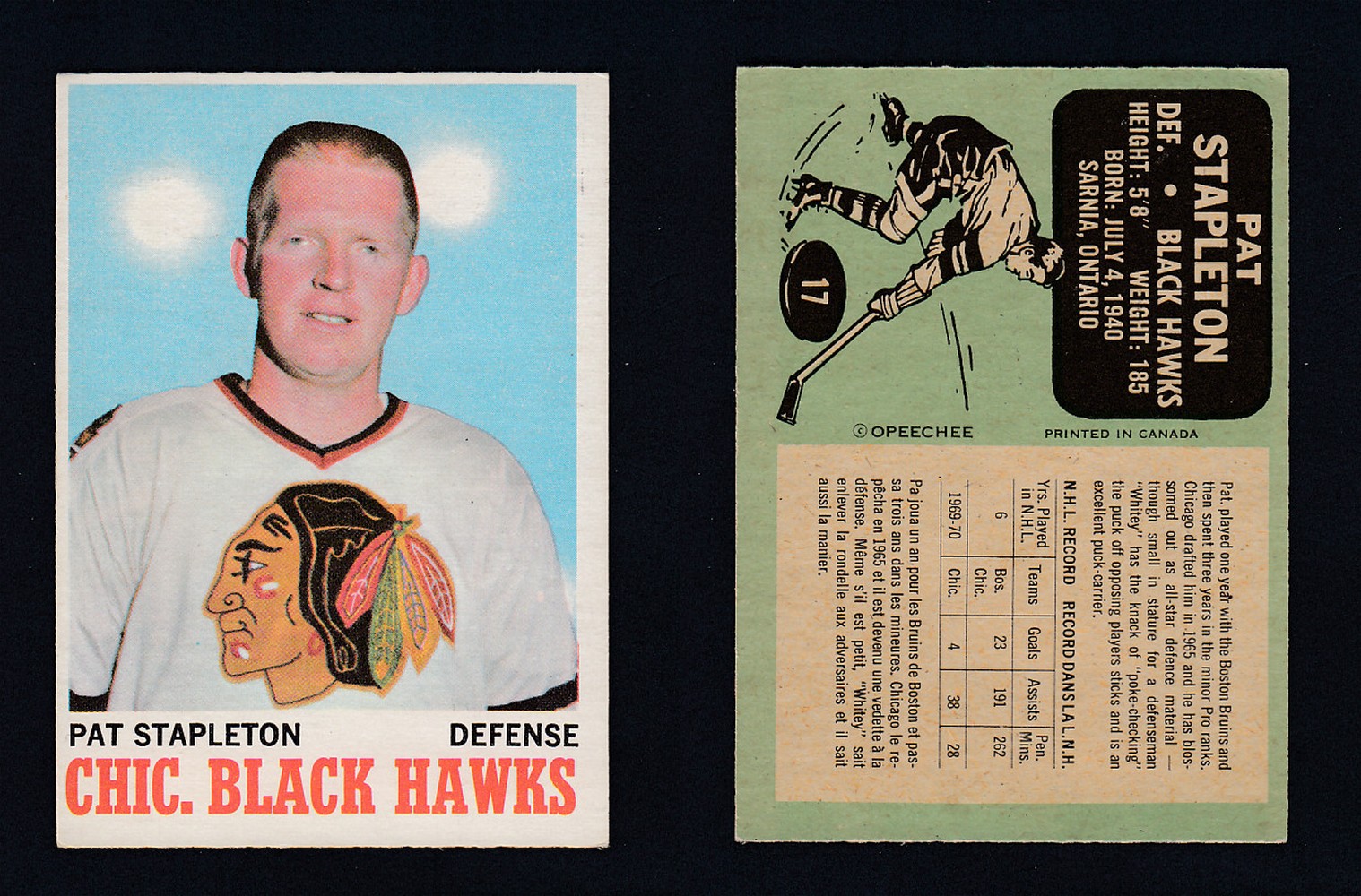 1970-71 O-PEE-CHEE HOCKEY CARD #17 P. STAPLETON photo 1970-71 O-PEE-CHEE HOCKEY CARD #17 P. STAPLETON photo