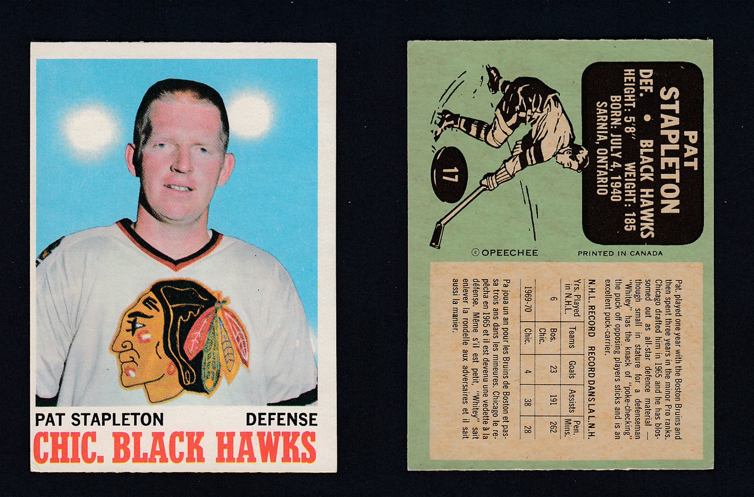1970-71 O-PEE-CHEE HOCKEY CARD #17 P. STAPLETON photo 1970-71 O-PEE-CHEE HOCKEY CARD #17 P. STAPLETON photo