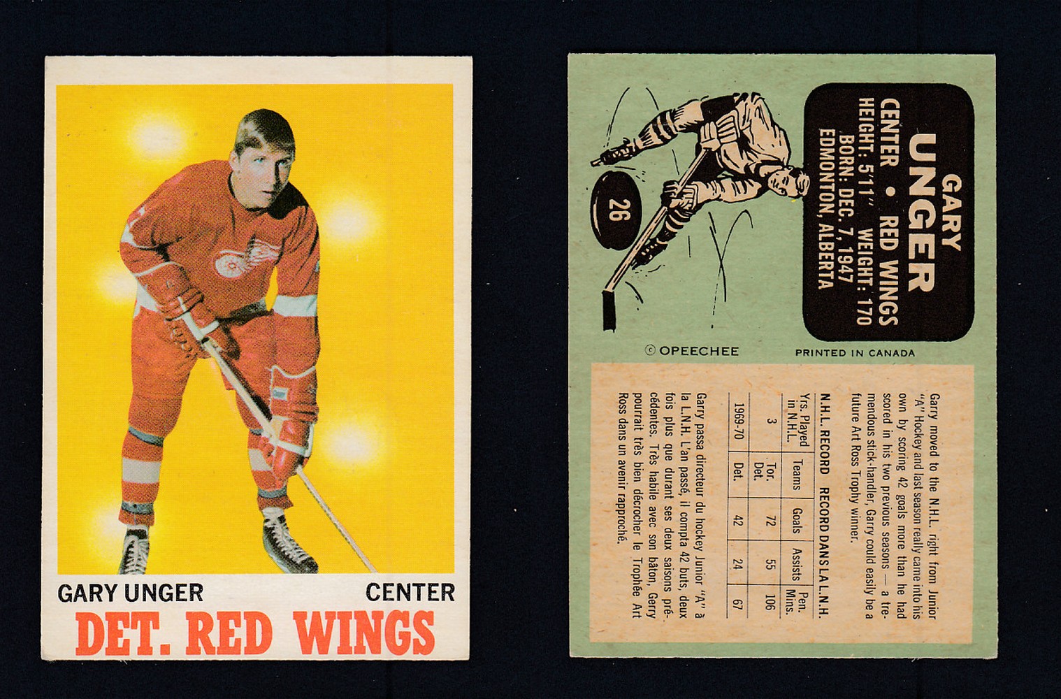 1970-71 O-PEE-CHEE HOCKEY CARD #26 G. UNGER photo 1970-71 O-PEE-CHEE HOCKEY CARD #26 G. UNGER photo