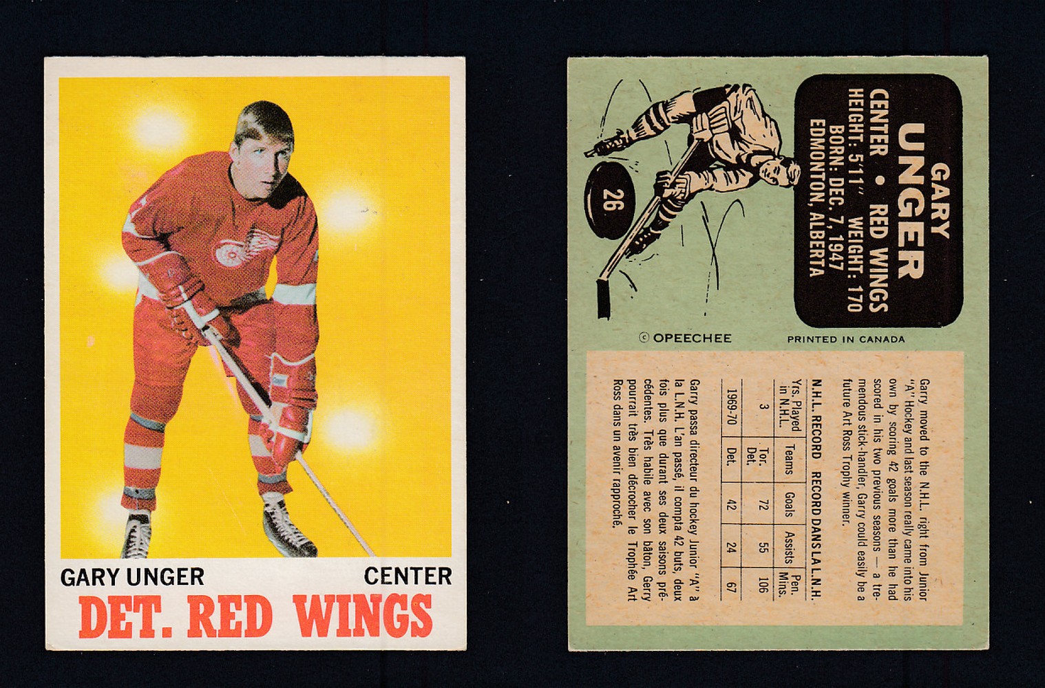1970-71 O-PEE-CHEE HOCKEY CARD #26 G. UNGER photo 1970-71 O-PEE-CHEE HOCKEY CARD #26 G. UNGER photo