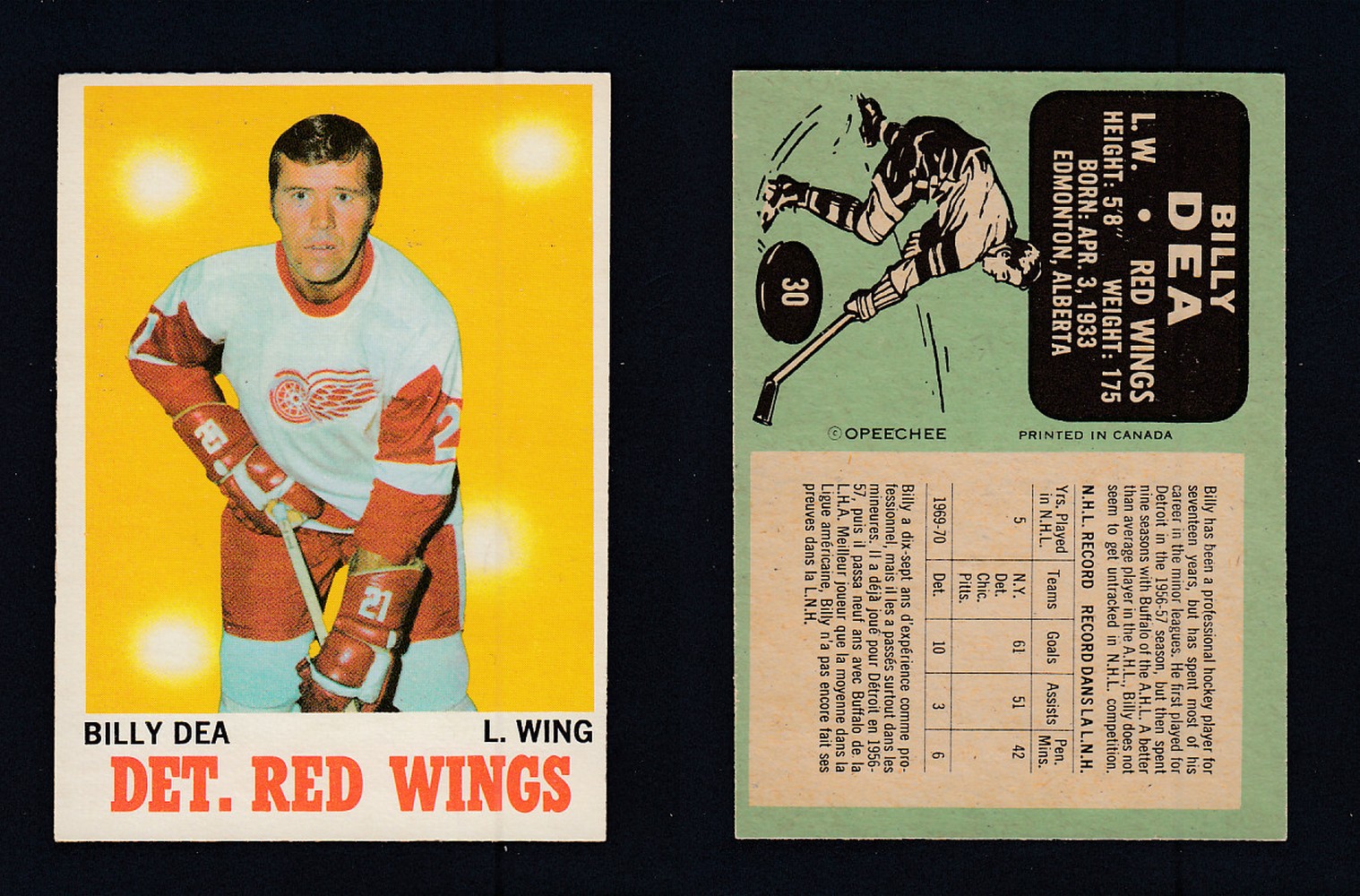 1970-71 O-PEE-CHEE HOCKEY CARD #30 B. DEA photo 1970-71 O-PEE-CHEE HOCKEY CARD #30 B. DEA photo