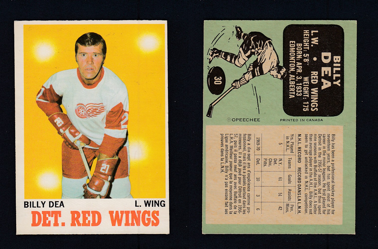 1970-71 O-PEE-CHEE HOCKEY CARD #30 B. DEA photo 1970-71 O-PEE-CHEE HOCKEY CARD #30 B. DEA photo