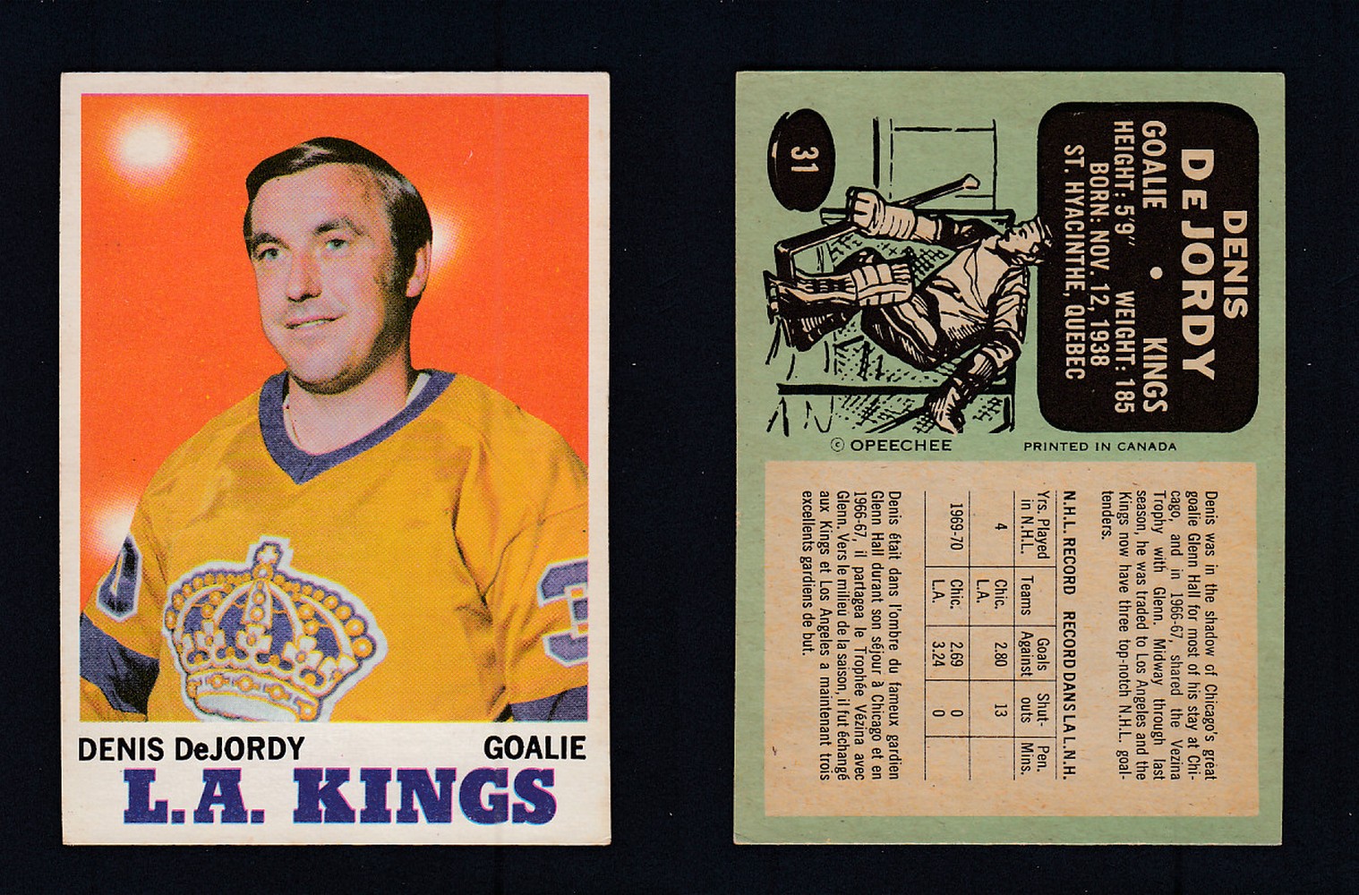 1970-71 O-PEE-CHEE HOCKEY CARD #31 D. DEJORDY photo 1970-71 O-PEE-CHEE HOCKEY CARD #31 D. DEJORDY photo
