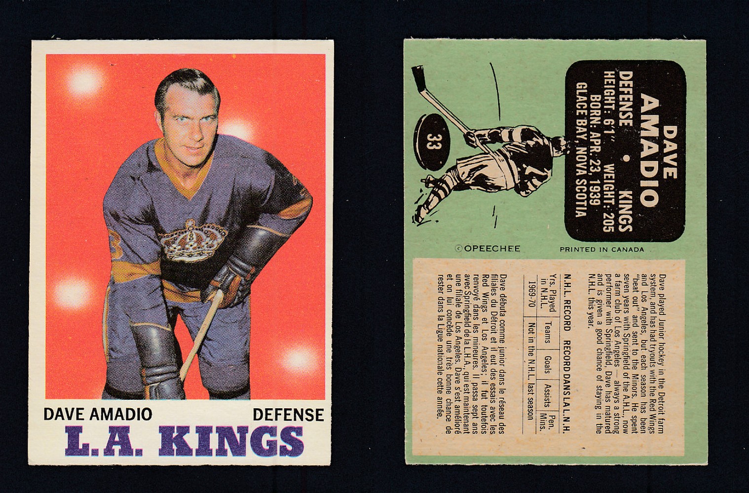 1970-71 O-PEE-CHEE HOCKEY CARD #33 D. AMADIO photo 1970-71 O-PEE-CHEE HOCKEY CARD #33 D. AMADIO photo