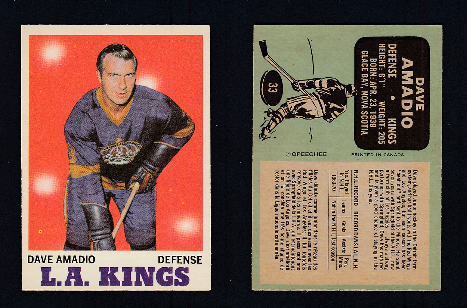 1970-71 O-PEE-CHEE HOCKEY CARD #33 D. AMADIO photo 1970-71 O-PEE-CHEE HOCKEY CARD #33 D. AMADIO photo