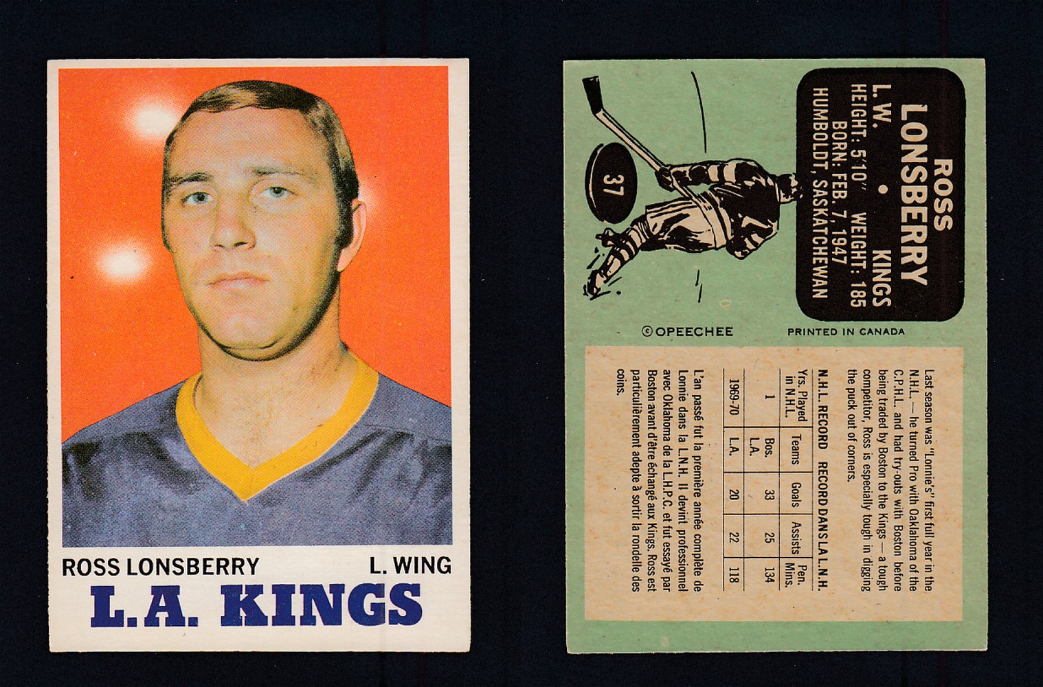 1970-71 O-PEE-CHEE HOCKEY CARD #37 R. LONSBERRY photo 1970-71 O-PEE-CHEE HOCKEY CARD #37 R. LONSBERRY photo