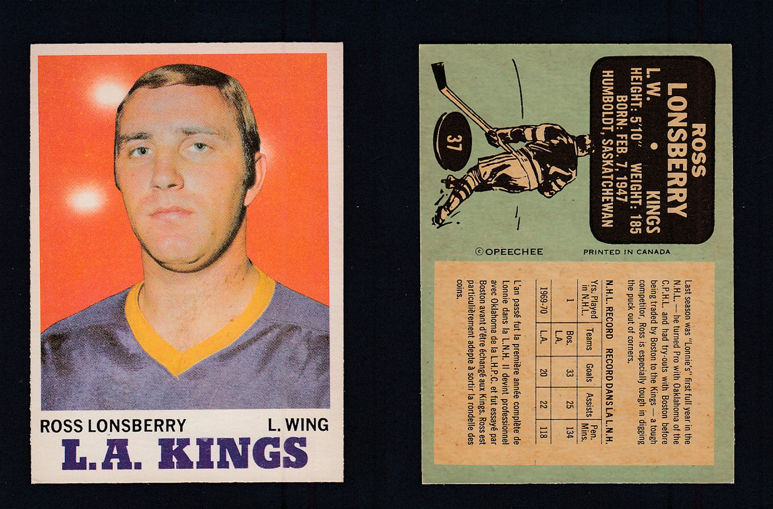 1970-71 O-PEE-CHEE HOCKEY CARD #37 R. LONSBERRY photo 1970-71 O-PEE-CHEE HOCKEY CARD #37 R. LONSBERRY photo