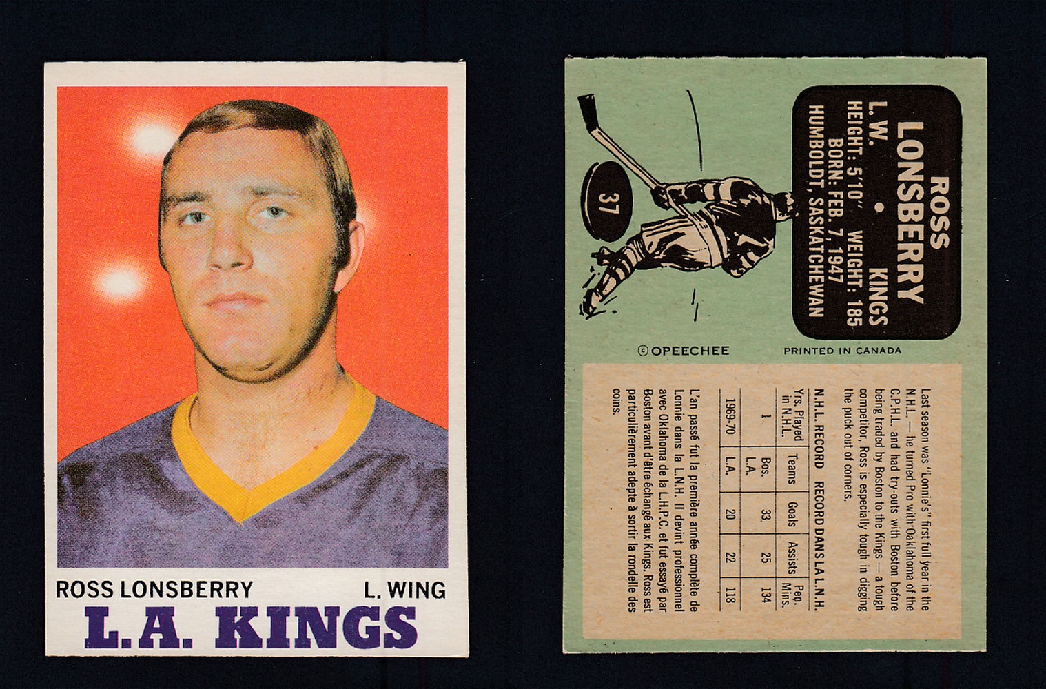 1970-71 O-PEE-CHEE HOCKEY CARD #37 R. LONSBERRY photo