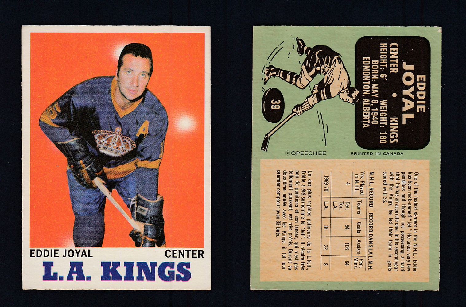 1970-71 O-PEE-CHEE HOCKEY CARD #39 E. JOYAL photo 1970-71 O-PEE-CHEE HOCKEY CARD #39 E. JOYAL photo
