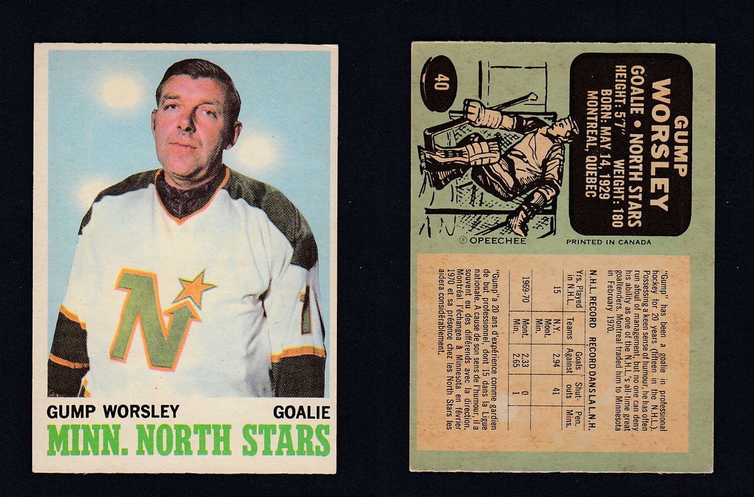 1970-71 O-PEE-CHEE HOCKEY CARD #40 G. WORSLEY photo 1970-71 O-PEE-CHEE HOCKEY CARD #40 G. WORSLEY photo