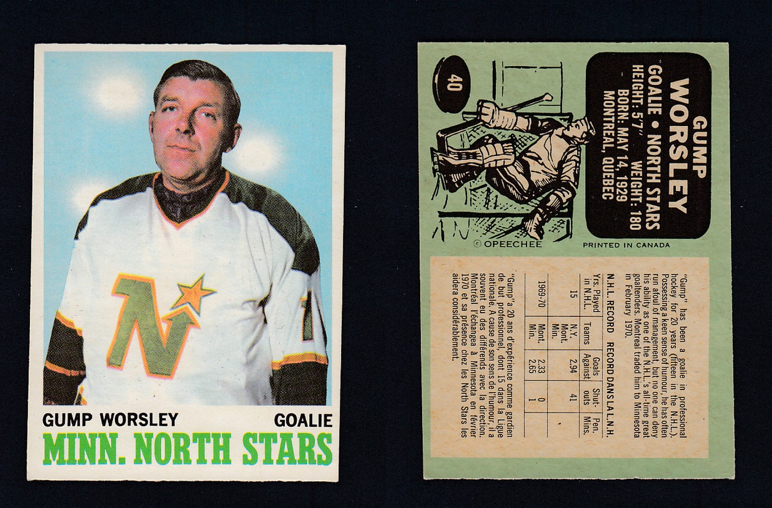 1970-71 O-PEE-CHEE HOCKEY CARD #40 G. WORSLEY photo 1970-71 O-PEE-CHEE HOCKEY CARD #40 G. WORSLEY photo