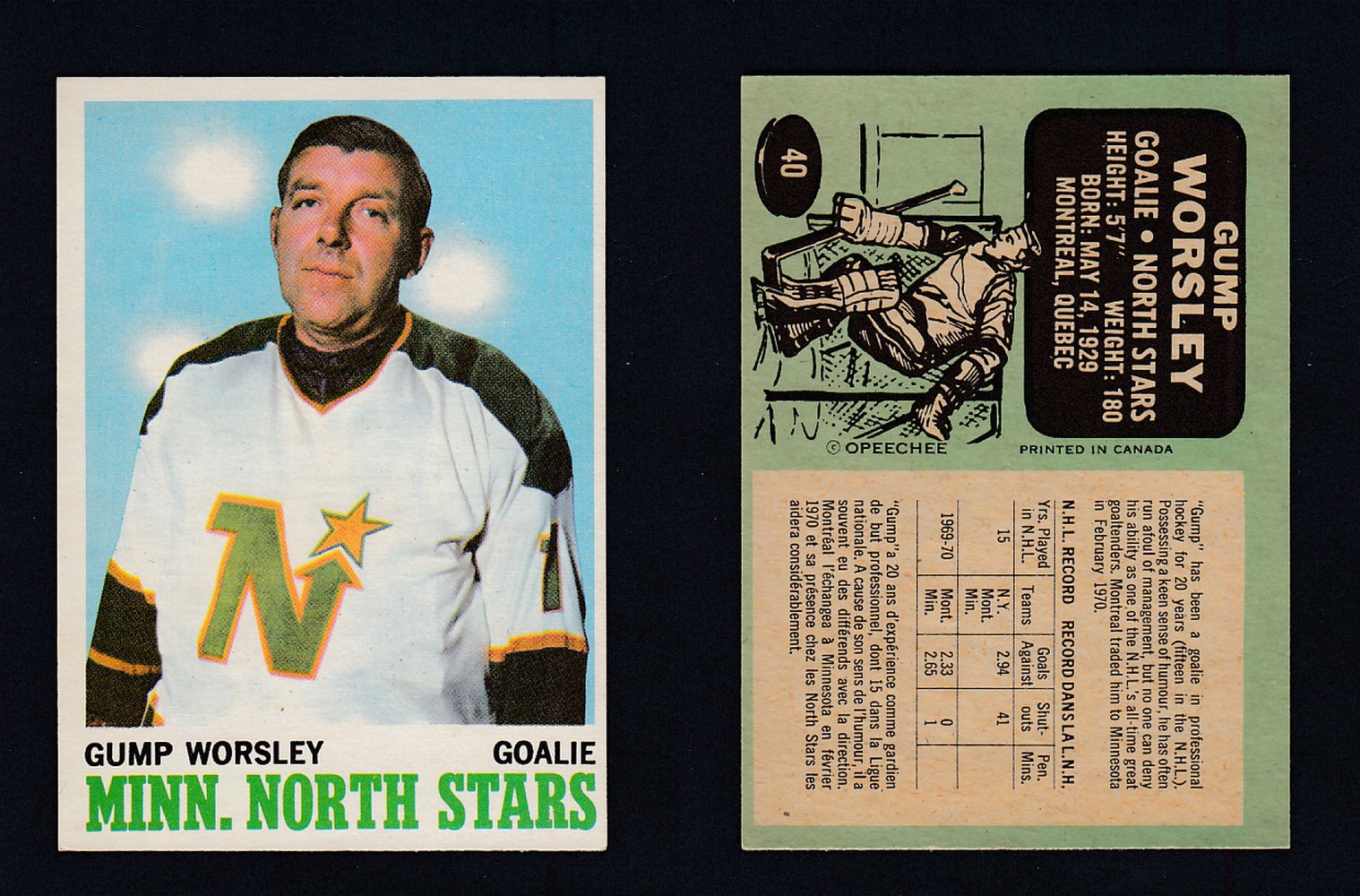 1970-71 O-PEE-CHEE HOCKEY CARD #40 G. WORSLEY photo 1970-71 O-PEE-CHEE HOCKEY CARD #40 G. WORSLEY photo
