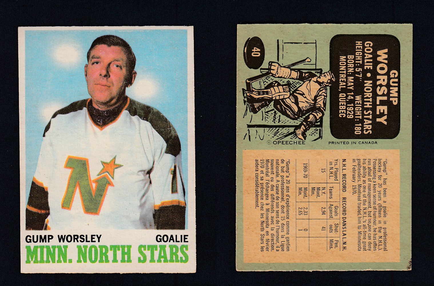 1970-71 O-PEE-CHEE HOCKEY CARD #40 G. WORSLEY photo 1970-71 O-PEE-CHEE HOCKEY CARD #40 G. WORSLEY photo