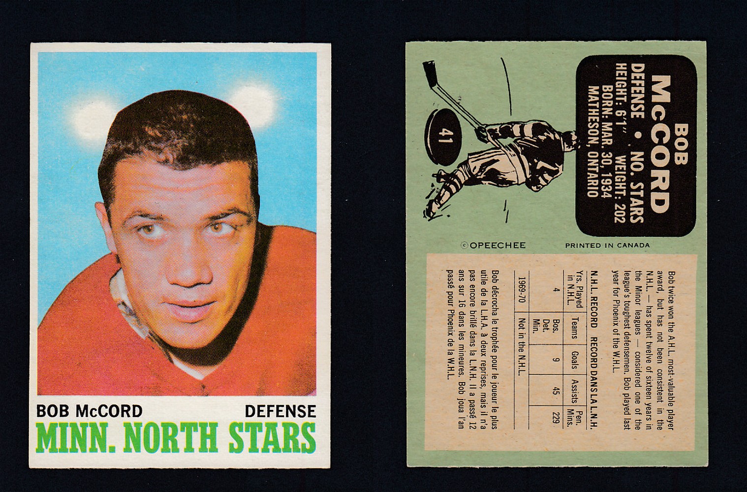 1970-71 O-PEE-CHEE HOCKEY CARD #41 B. McCORD photo 1970-71 O-PEE-CHEE HOCKEY CARD #41 B. McCORD photo