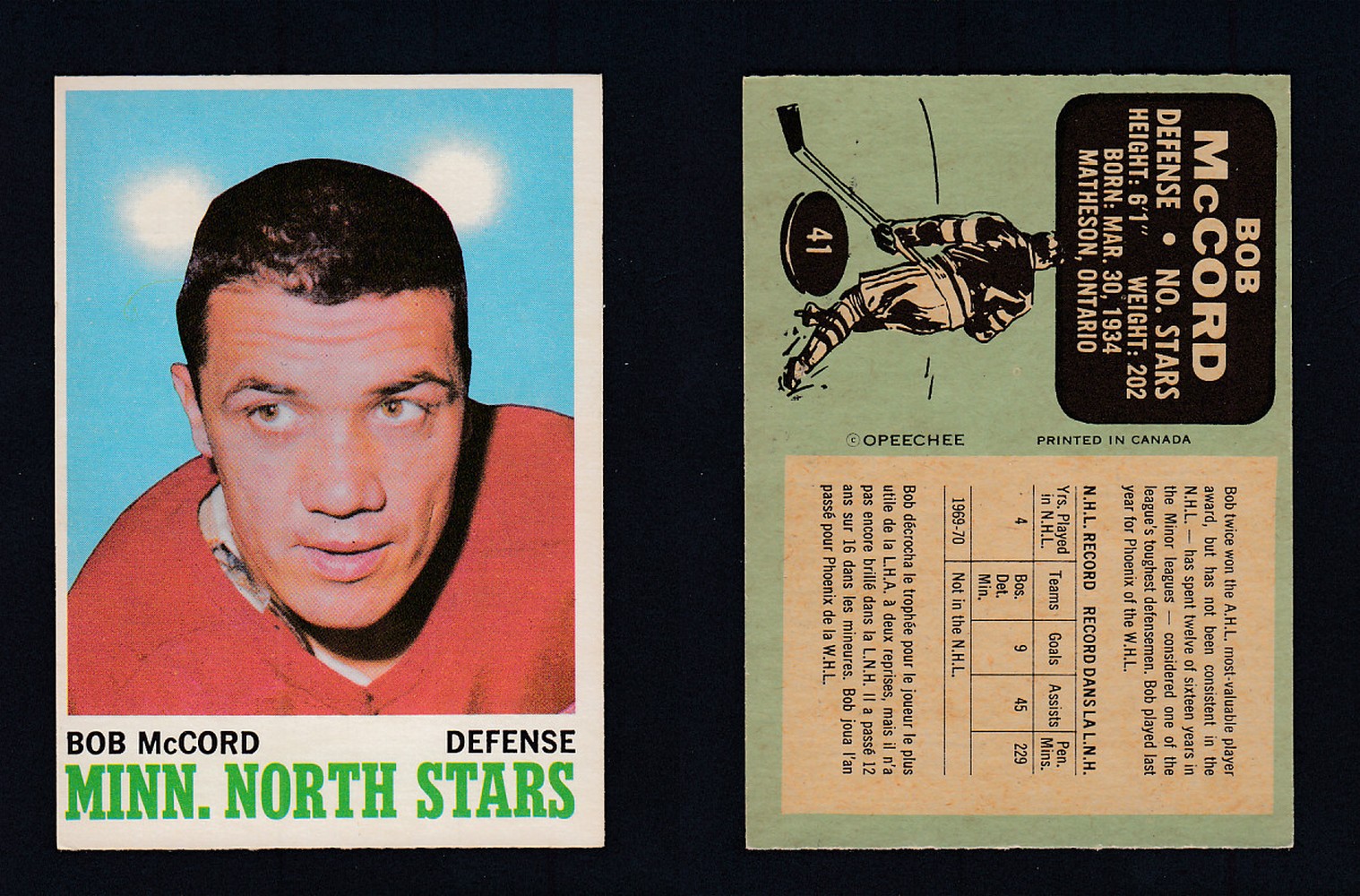 1970-71 O-PEE-CHEE HOCKEY CARD #41 B. McCORD photo 1970-71 O-PEE-CHEE HOCKEY CARD #41 B. McCORD photo