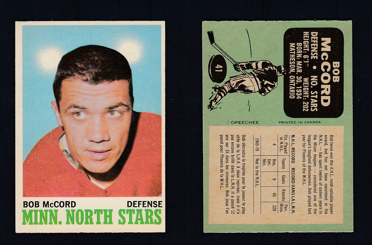 1970-71 O-PEE-CHEE HOCKEY CARD #41 B. McCORD photo 1970-71 O-PEE-CHEE HOCKEY CARD #41 B. McCORD photo