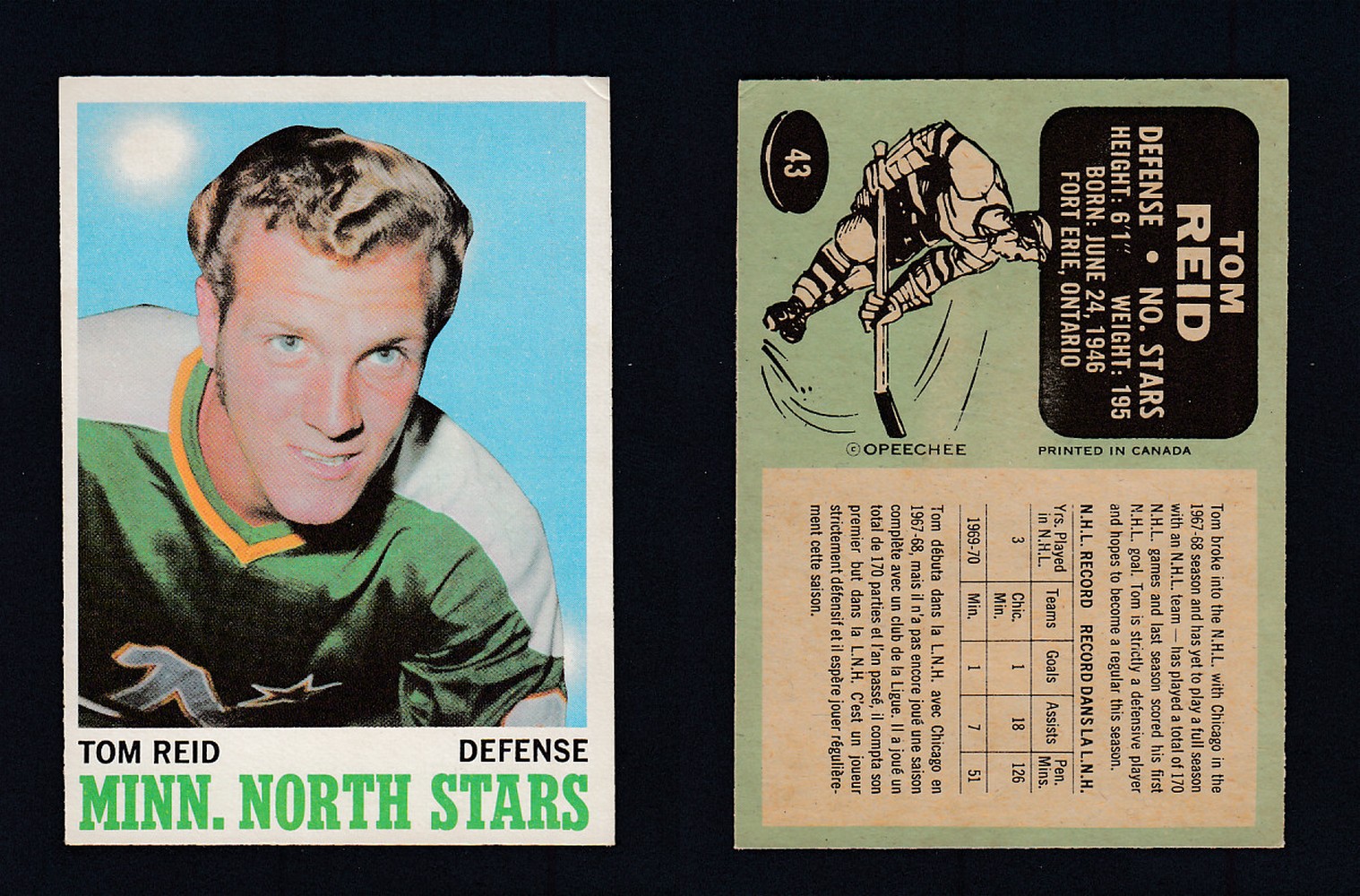 1970-71 O-PEE-CHEE HOCKEY CARD #43 T.REID photo 1970-71 O-PEE-CHEE HOCKEY CARD #43 T.REID photo
