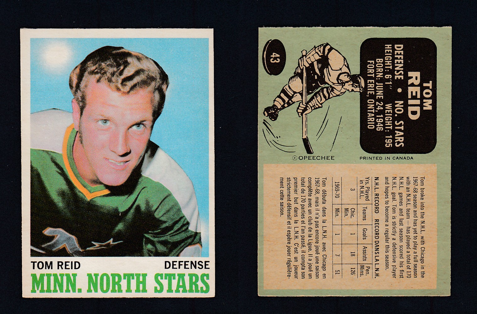 1970-71 O-PEE-CHEE HOCKEY CARD #43 T. REID photo 1970-71 O-PEE-CHEE HOCKEY CARD #43 T. REID photo