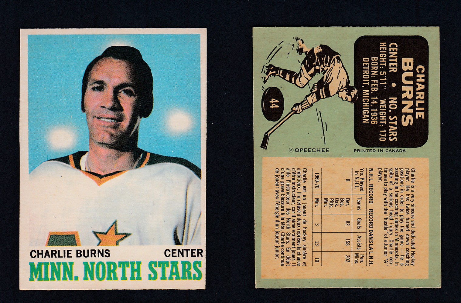 1970-71 O-PEE-CHEE HOCKEY CARD #44 C. BURNS photo 1970-71 O-PEE-CHEE HOCKEY CARD #44 C. BURNS photo