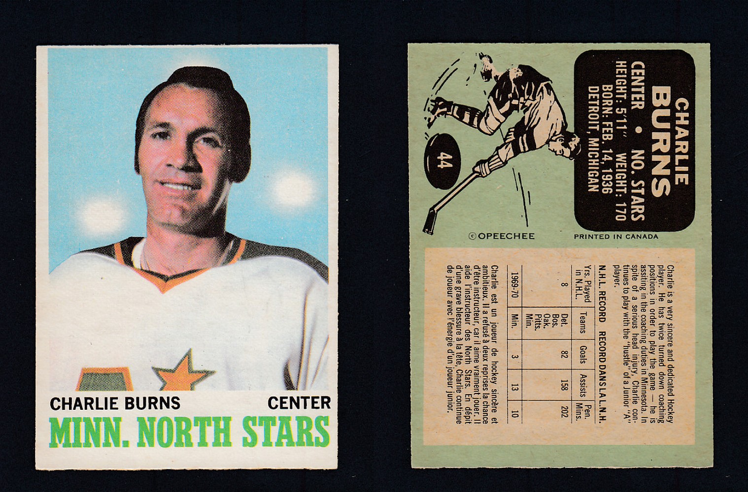 1970-71 O-PEE-CHEE HOCKEY CARD #44 C. BURNS photo 1970-71 O-PEE-CHEE HOCKEY CARD #44 C. BURNS photo