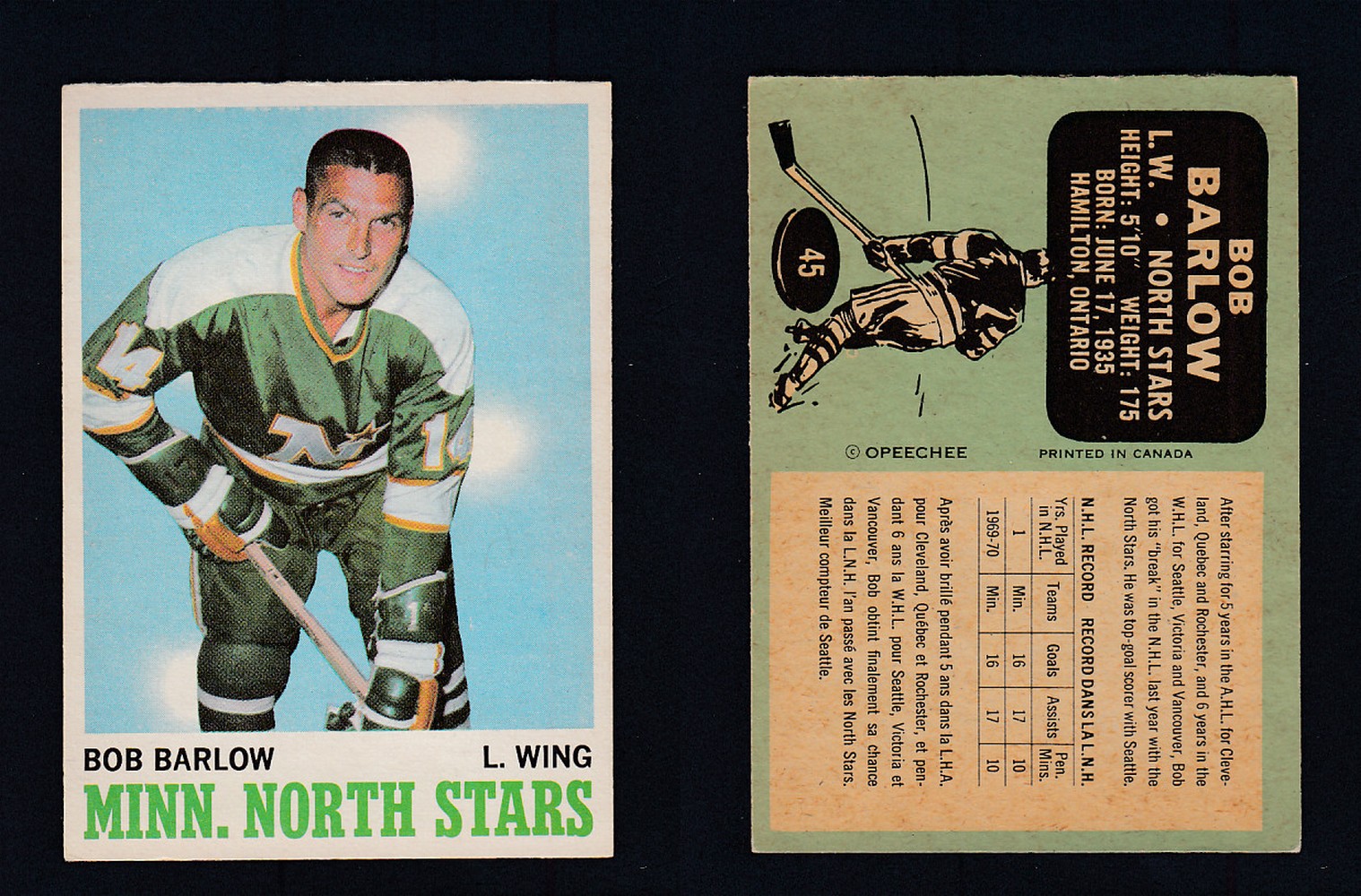 1970-71 O-PEE-CHEE HOCKEY CARD #45 B. BARLOW photo