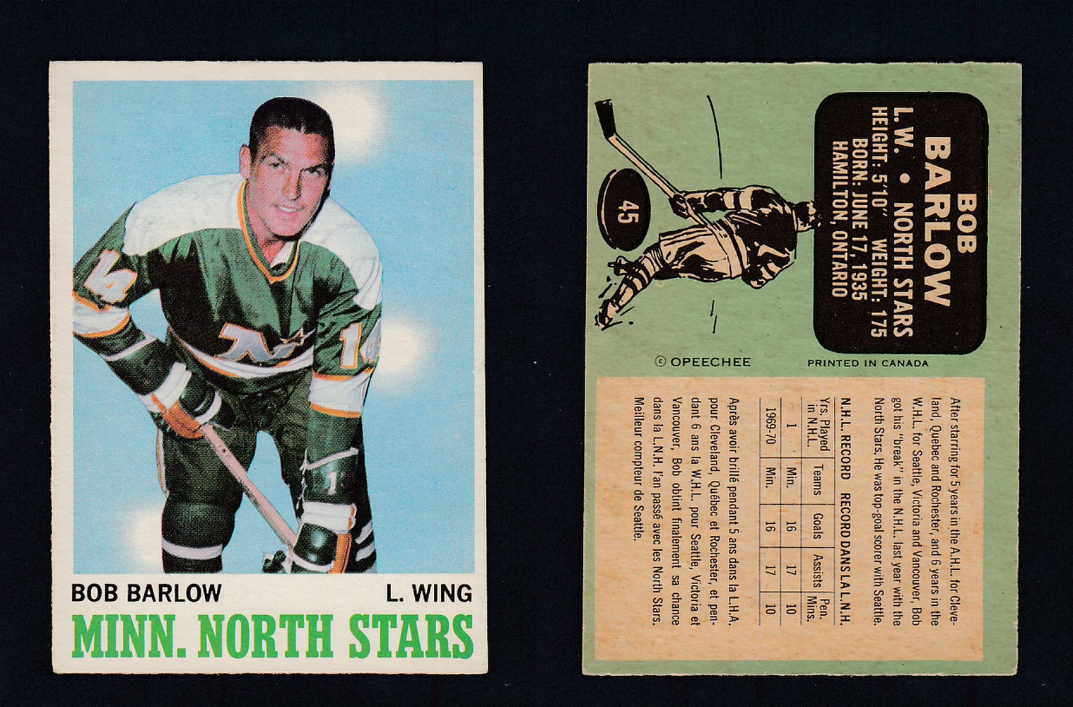 1970-71 O-PEE-CHEE HOCKEY CARD #45 B. BARLOW photo 1970-71 O-PEE-CHEE HOCKEY CARD #45 B. BARLOW photo