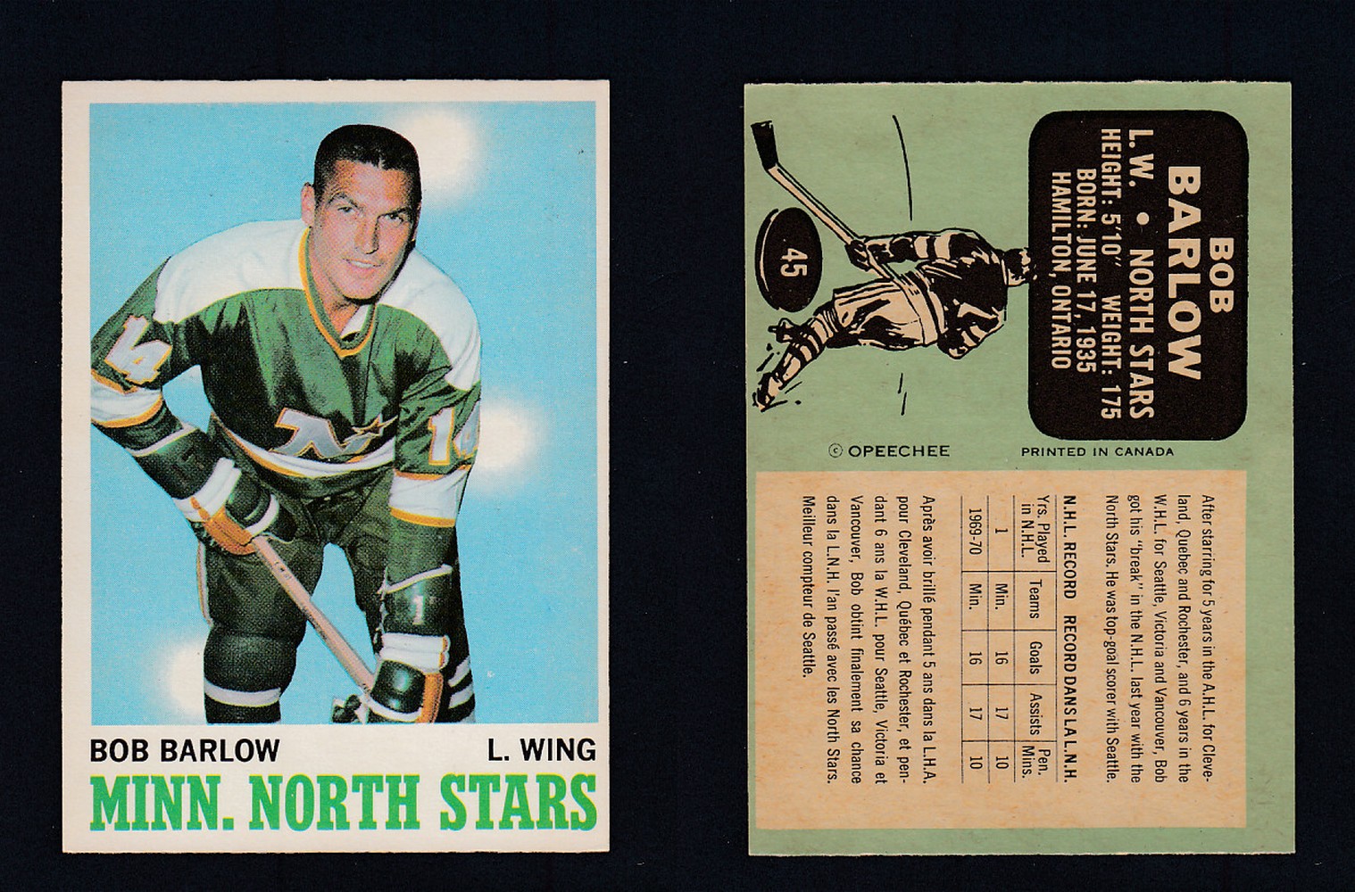 1970-71 O-PEE-CHEE HOCKEY CARD #45 B. BARLOW photo 1970-71 O-PEE-CHEE HOCKEY CARD #45 B. BARLOW photo
