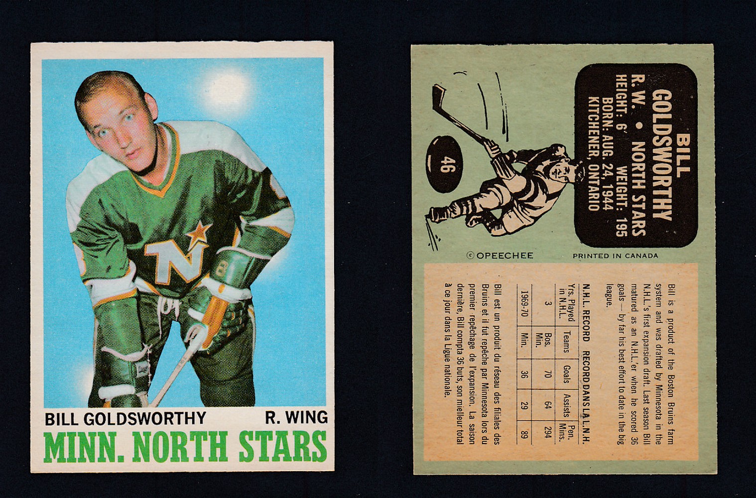 1970-71 O-PEE-CHEE HOCKEY CARD #46 B. GOLDSWORTHY photo 1970-71 O-PEE-CHEE HOCKEY CARD #46 B. GOLDSWORTHY photo