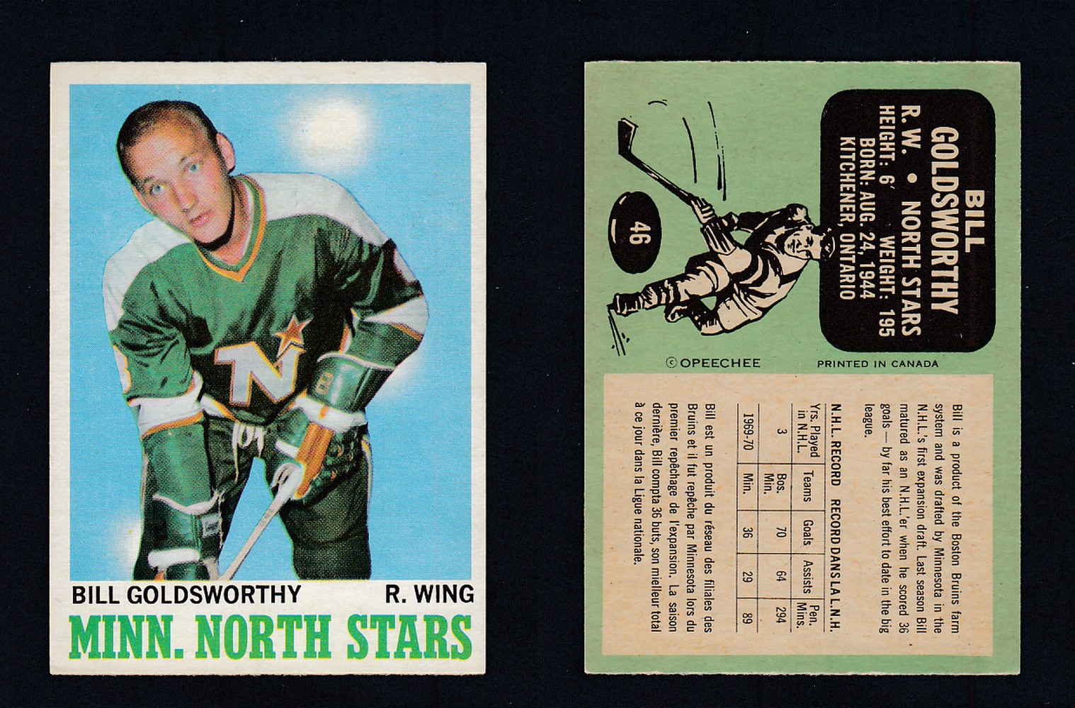 1970-71 O-PEE-CHEE HOCKEY CARD #46 B. GOLDSWORTHY photo