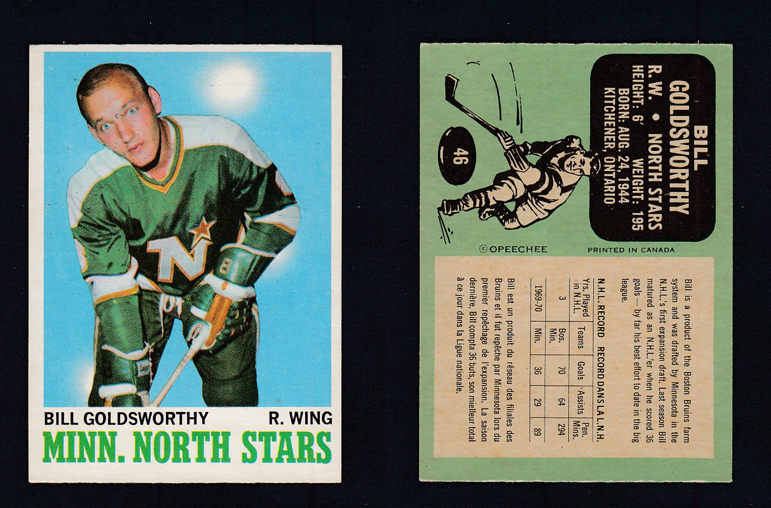 1970-71 O-PEE-CHEE HOCKEY CARD #46 B. GOLDSWORTHY photo 1970-71 O-PEE-CHEE HOCKEY CARD #46 B. GOLDSWORTHY photo