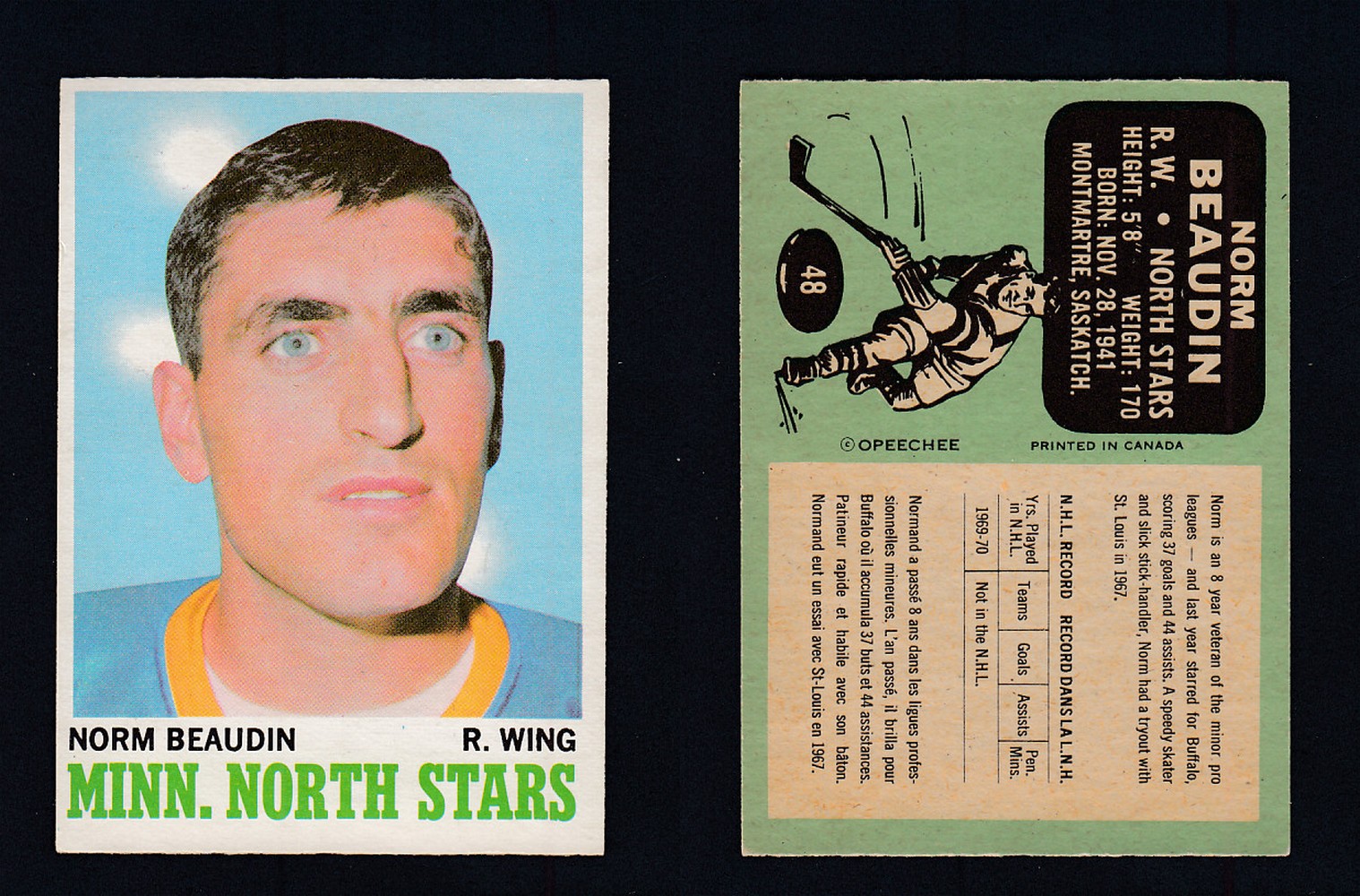 1970-71 O-PEE-CHEE HOCKEY CARD #48 N. BEAUDIN photo 1970-71 O-PEE-CHEE HOCKEY CARD #48 N. BEAUDIN photo