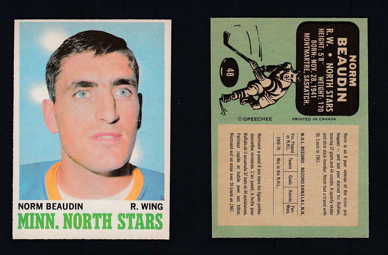 1970-71 O-PEE-CHEE HOCKEY CARD #48 N. BEAUDIN photo