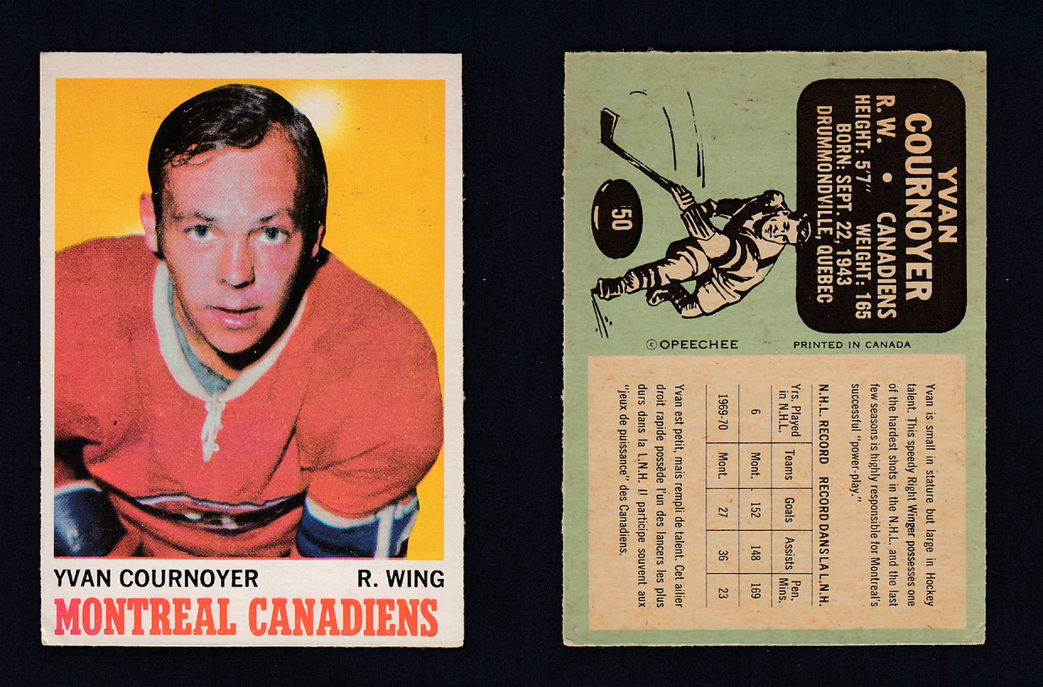 1970-71 O-PEE-CHEE HOCKEY CARD #50 Y. COURNOYER photo 1970-71 O-PEE-CHEE HOCKEY CARD #50 Y. COURNOYER photo