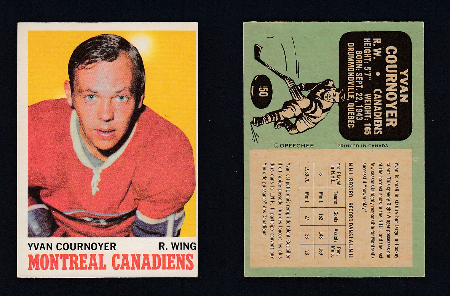 1970-71 O-PEE-CHEE HOCKEY CARD #50 Y. COURNOYER photo 1970-71 O-PEE-CHEE HOCKEY CARD #50 Y. COURNOYER photo