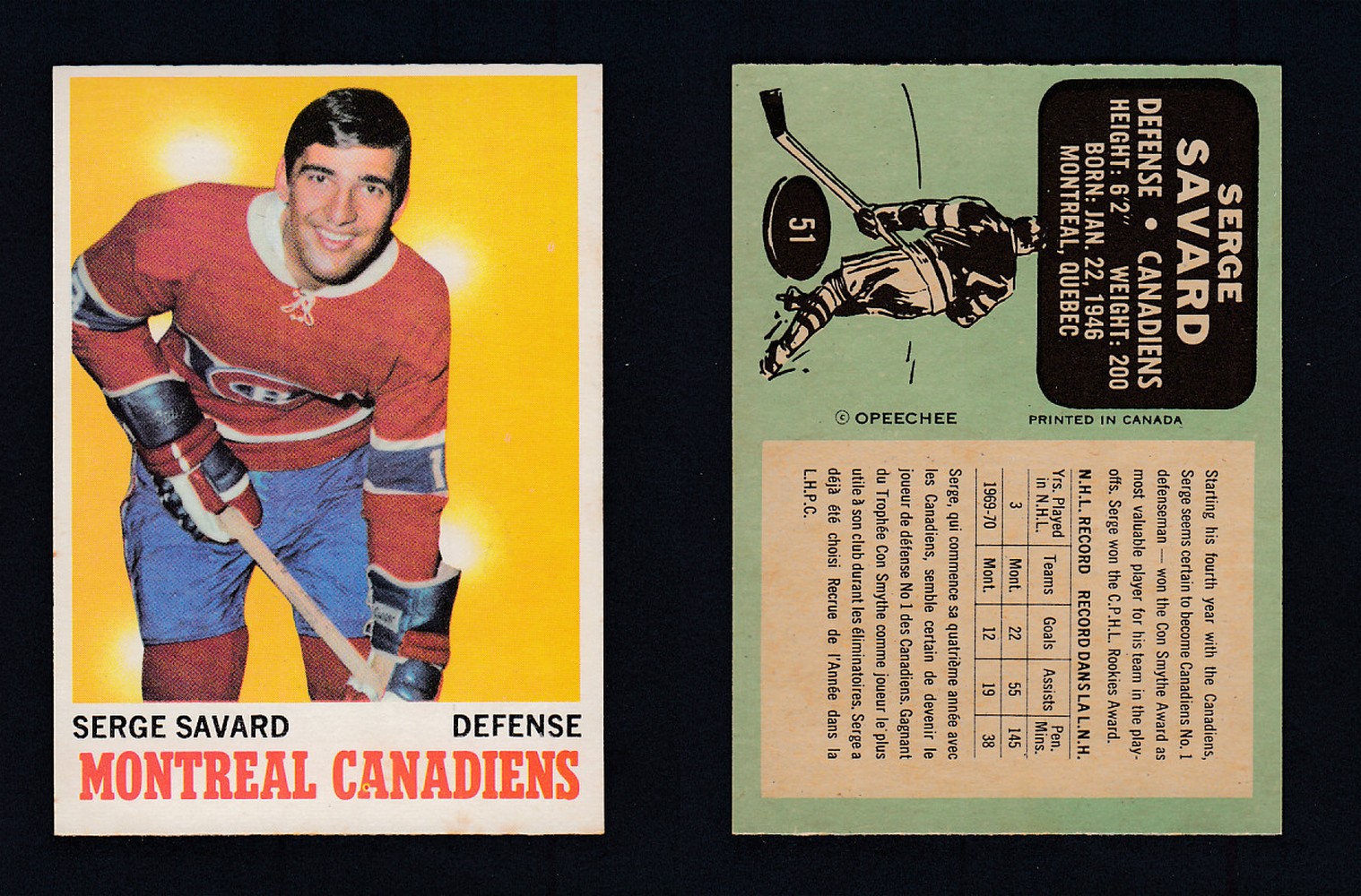 1970-71 O-PEE-CHEE HOCKEY CARD #51 S. SAVARD photo 1970-71 O-PEE-CHEE HOCKEY CARD #51 S. SAVARD photo