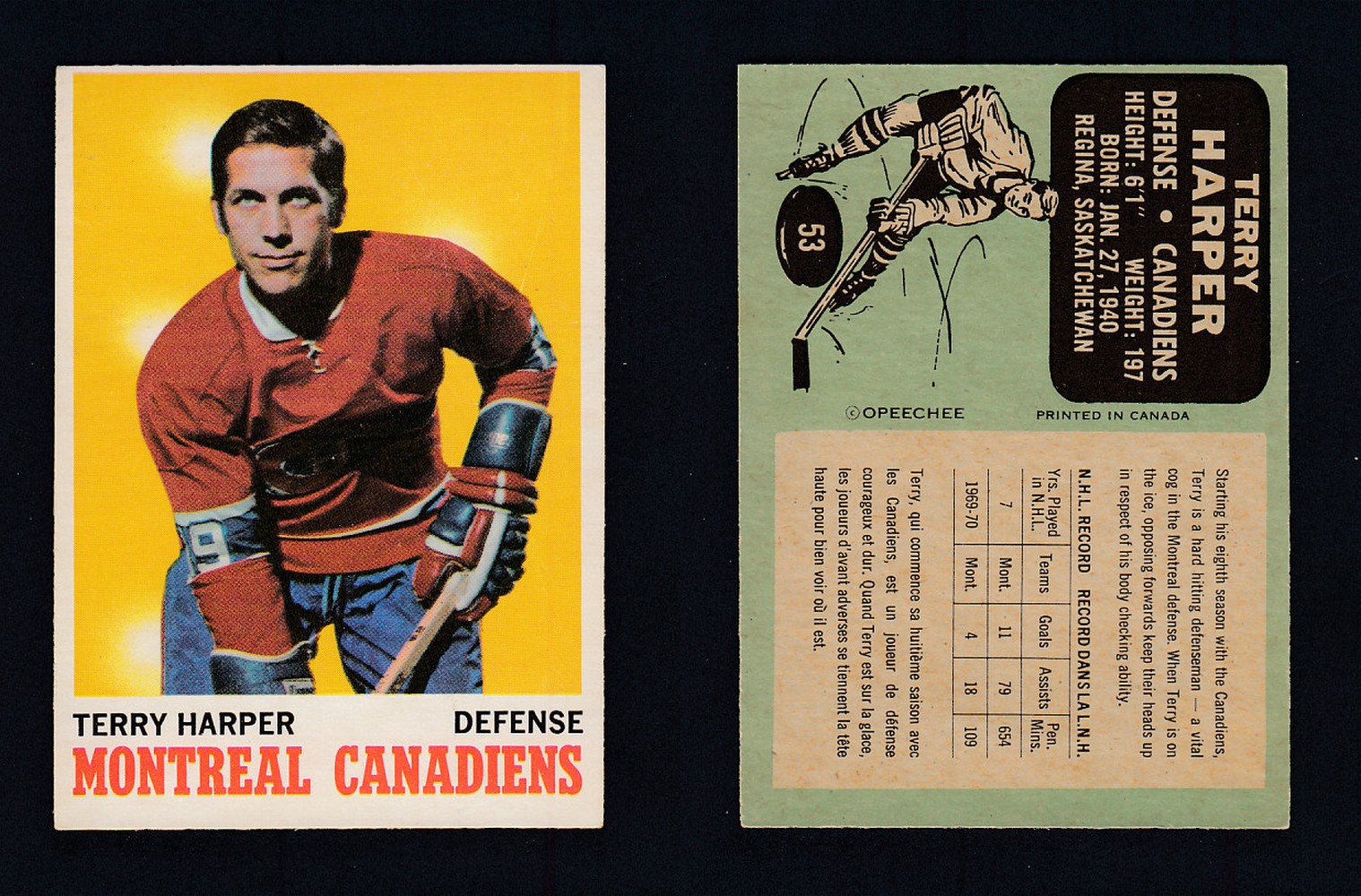 1970-71 O-PEE-CHEE HOCKEY CARD #53 T. HARPER photo 1970-71 O-PEE-CHEE HOCKEY CARD #53 T. HARPER photo